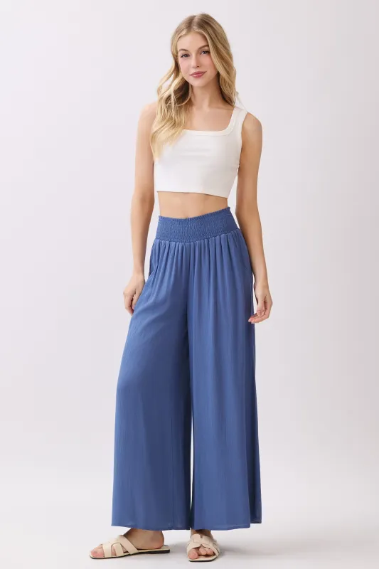 Blue Smocked Waist Ankle Wide Leg Pants sold by Pinkblush