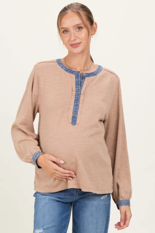 Mocha Rib Knit Casual Maternity Henley Top sold by Pinkblush