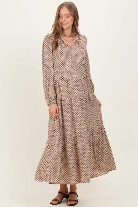 Taupe Plaid Tie Collar Tiered Maternity Maxi Dress sold by Pinkblush