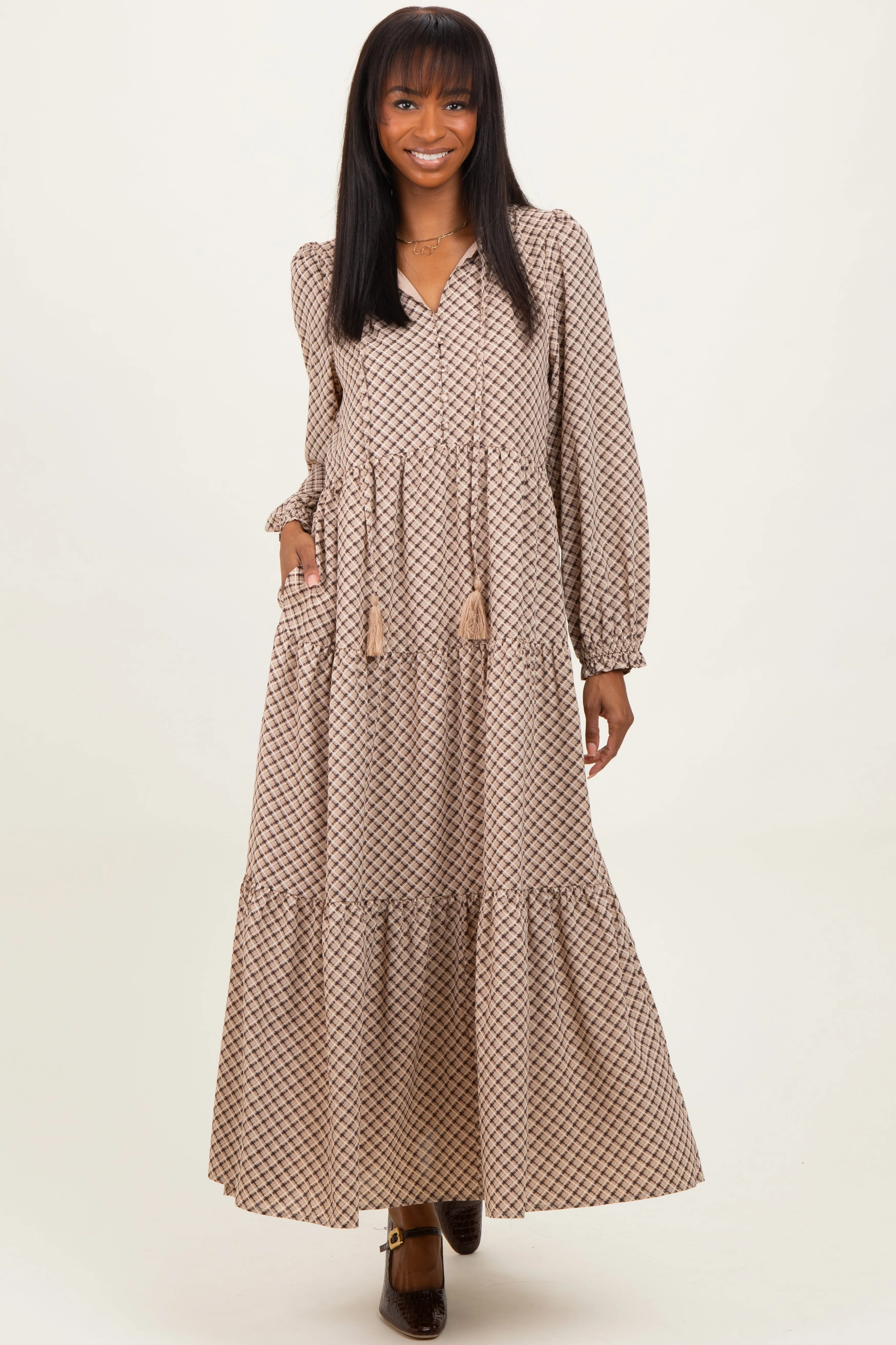 Taupe Plaid Tie Collar Tiered Maternity Maxi Dress sold by Pinkblush product image thumbnail 5