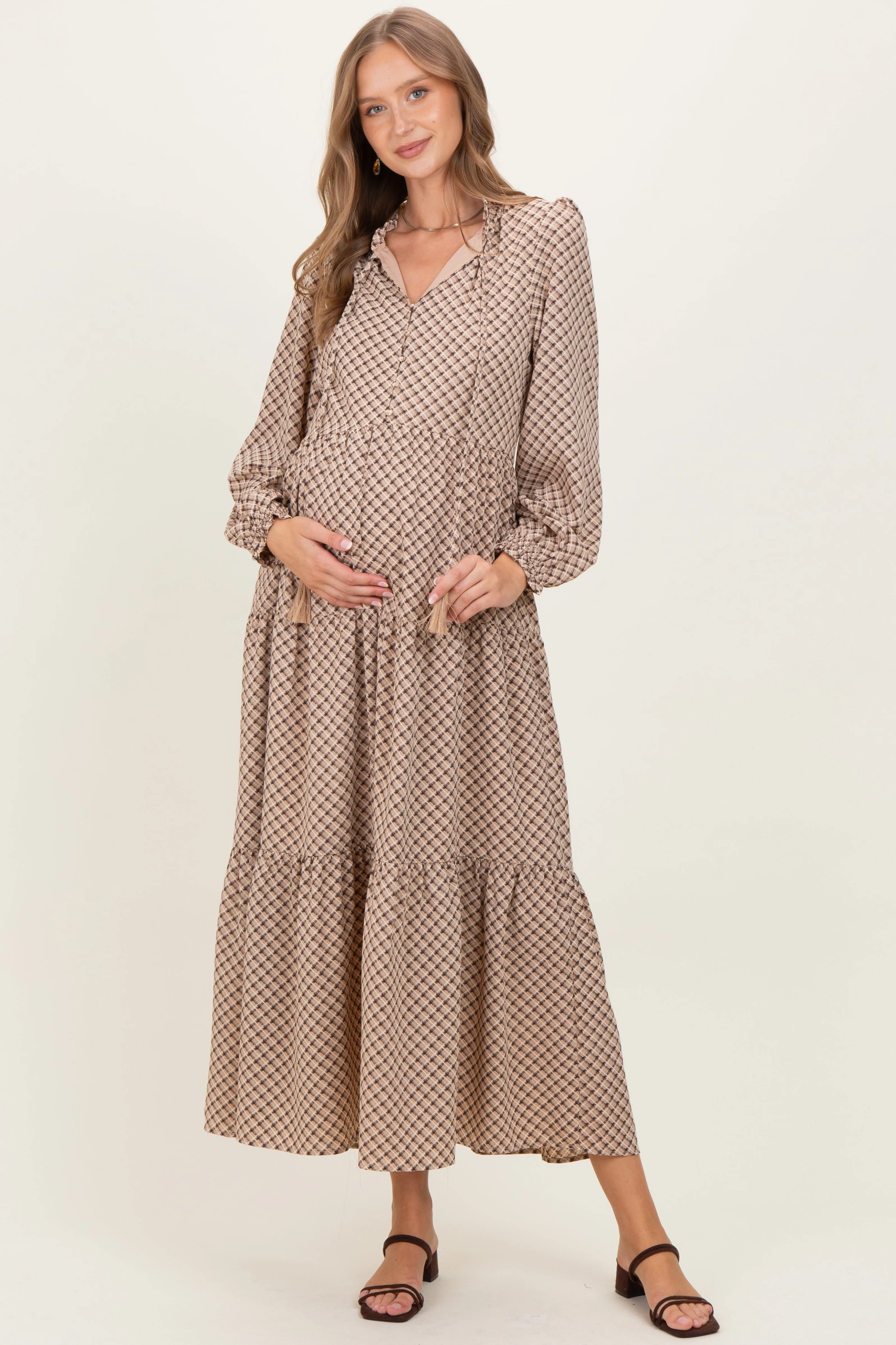 Taupe Plaid Tie Collar Tiered Maternity Maxi Dress sold by Pinkblush product image thumbnail 2