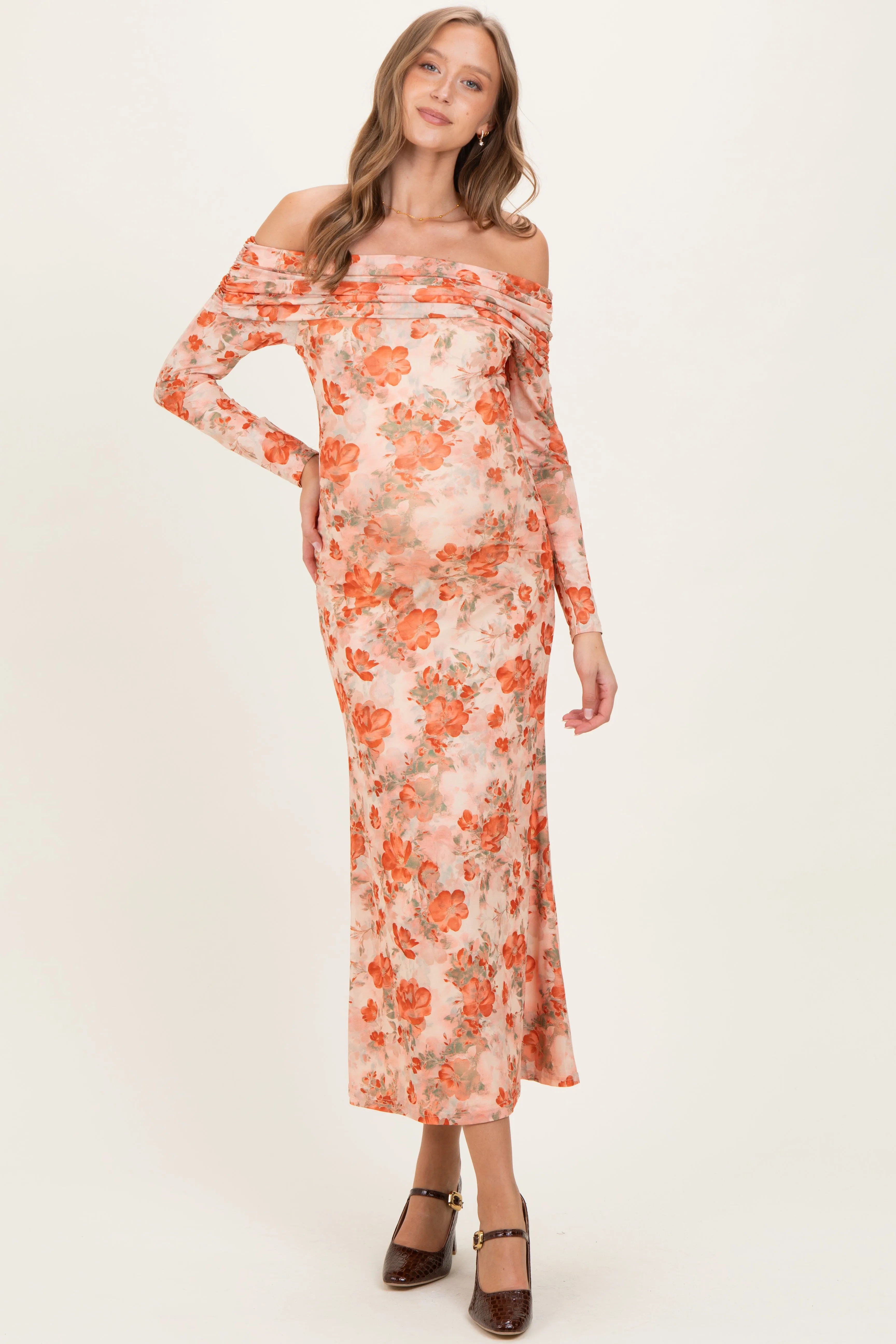 Light Pink Rose Floral Off Shoulder Maternity Maxi Dress sold by Pinkblush product image thumbnail 2