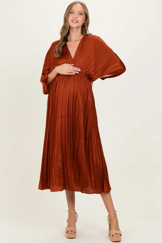 Brown Satin Pleated V-Neck Maternity Maxi Dress sold by Pinkblush