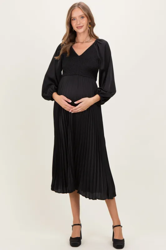 Black Satin Smocked Pleated Maternity Midi Dress sold by Pinkblush