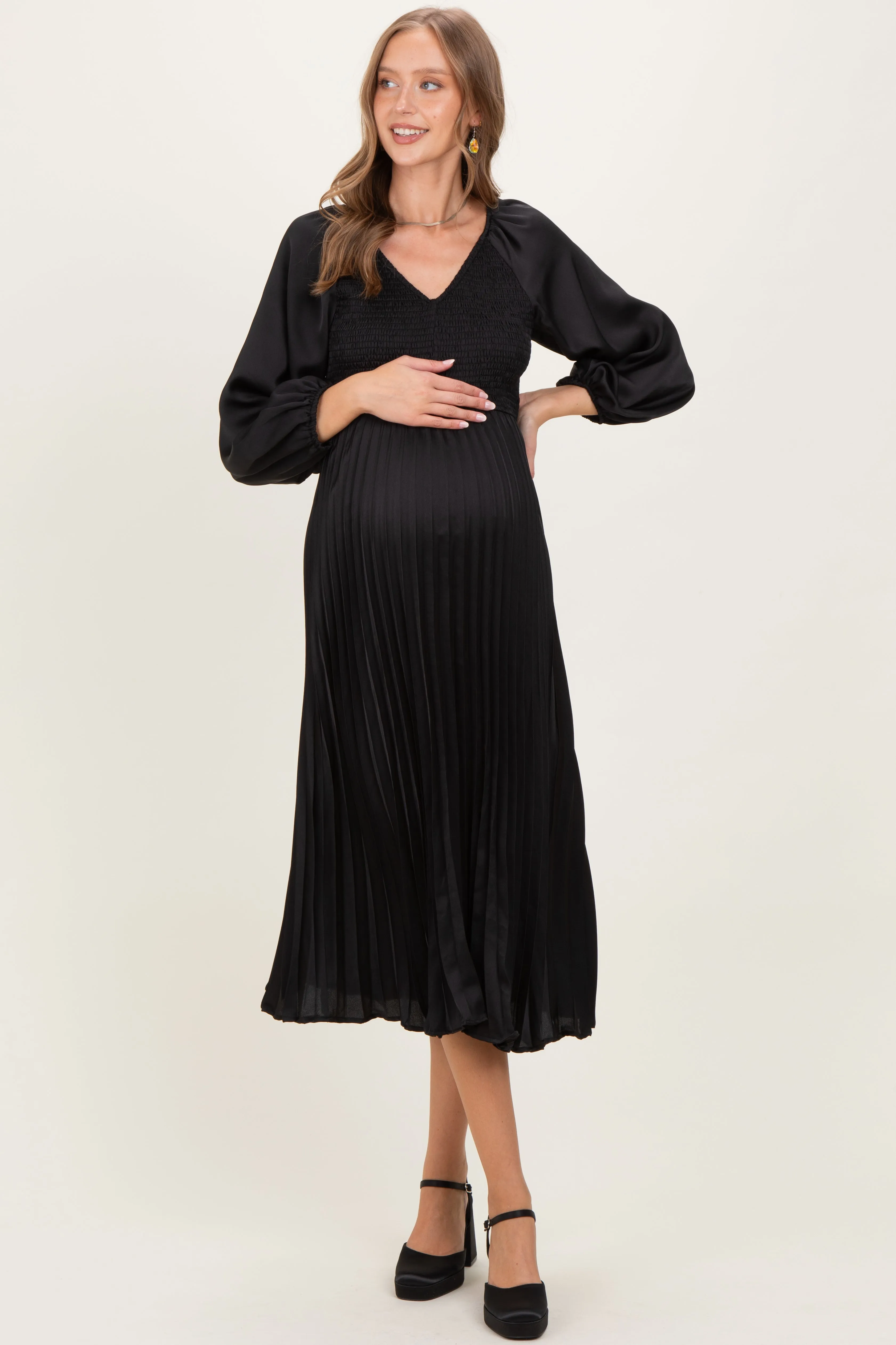Black Satin Smocked Pleated Maternity Midi Dress sold by Pinkblush product image thumbnail 2