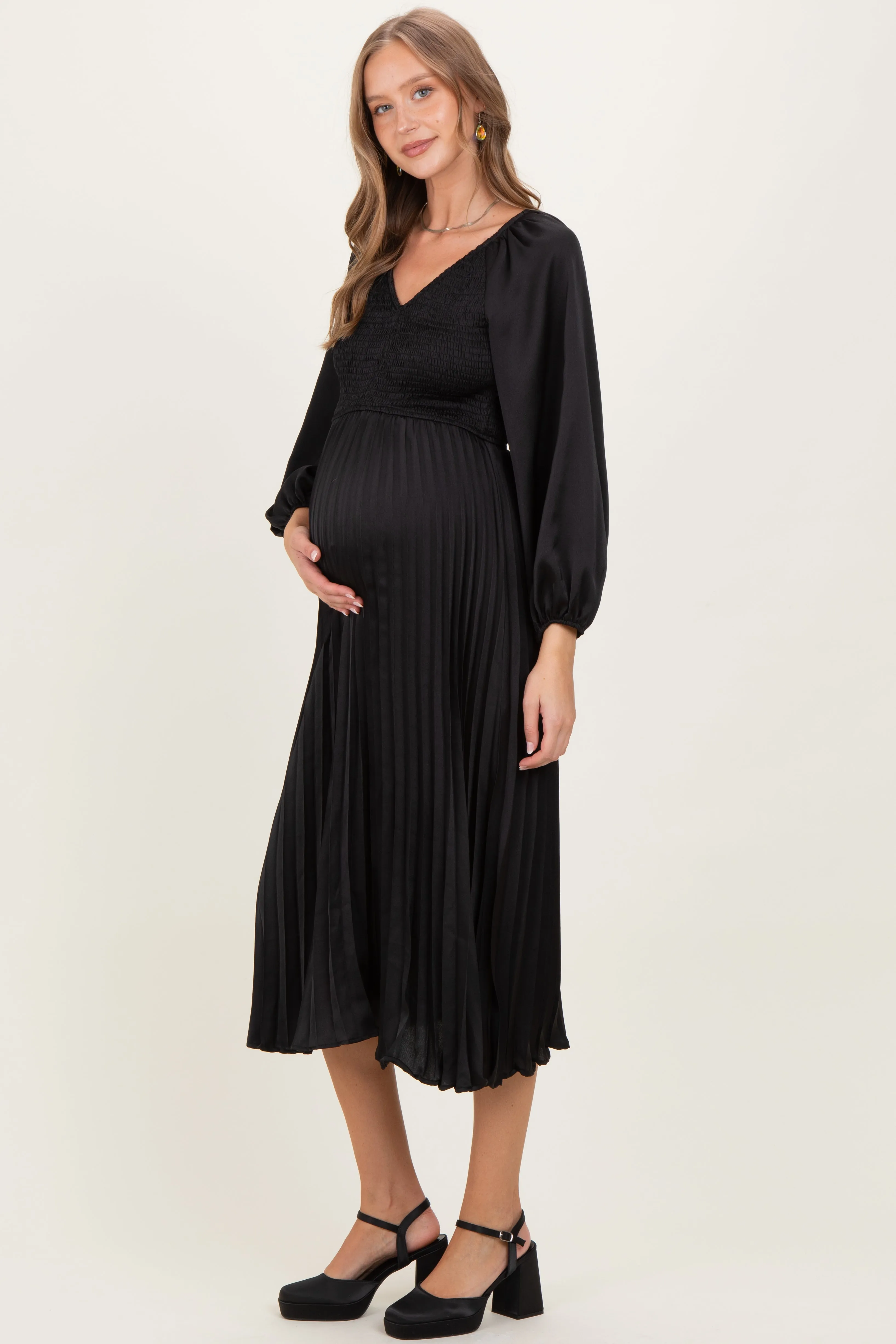 Black Satin Smocked Pleated Maternity Midi Dress sold by Pinkblush product image thumbnail 3