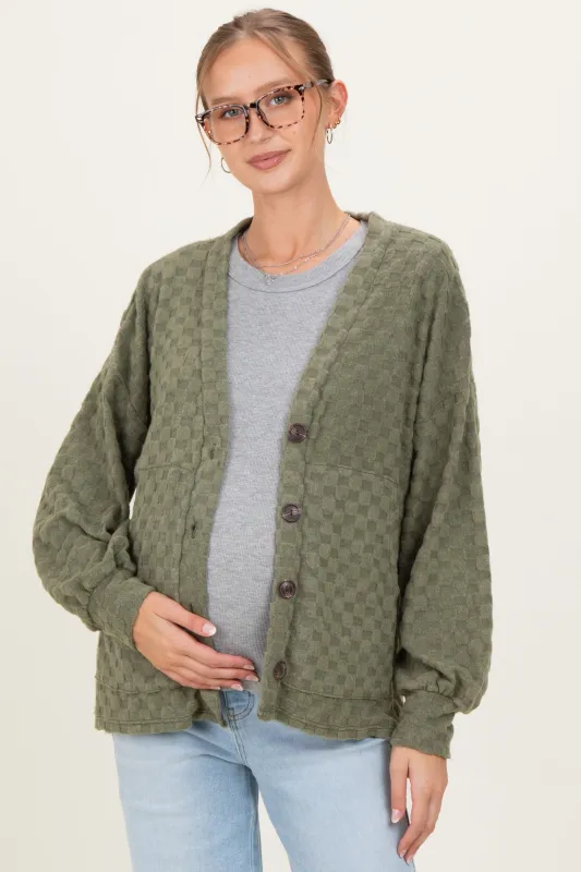 Olive Checkered Knit Button Front Maternity Cardigan sold by Pinkblush