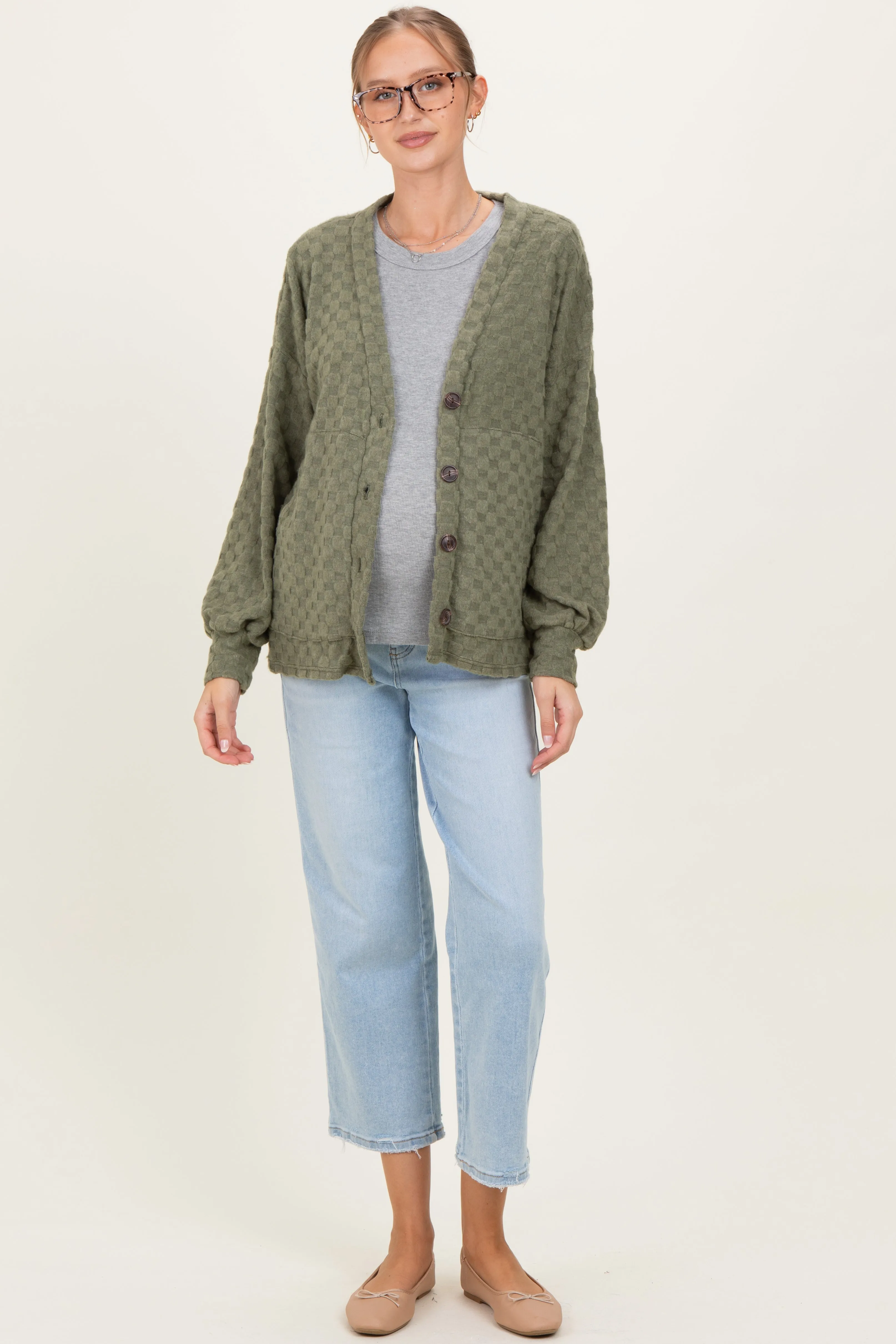 Olive Checkered Knit Button Front Maternity Cardigan sold by Pinkblush product image thumbnail 2