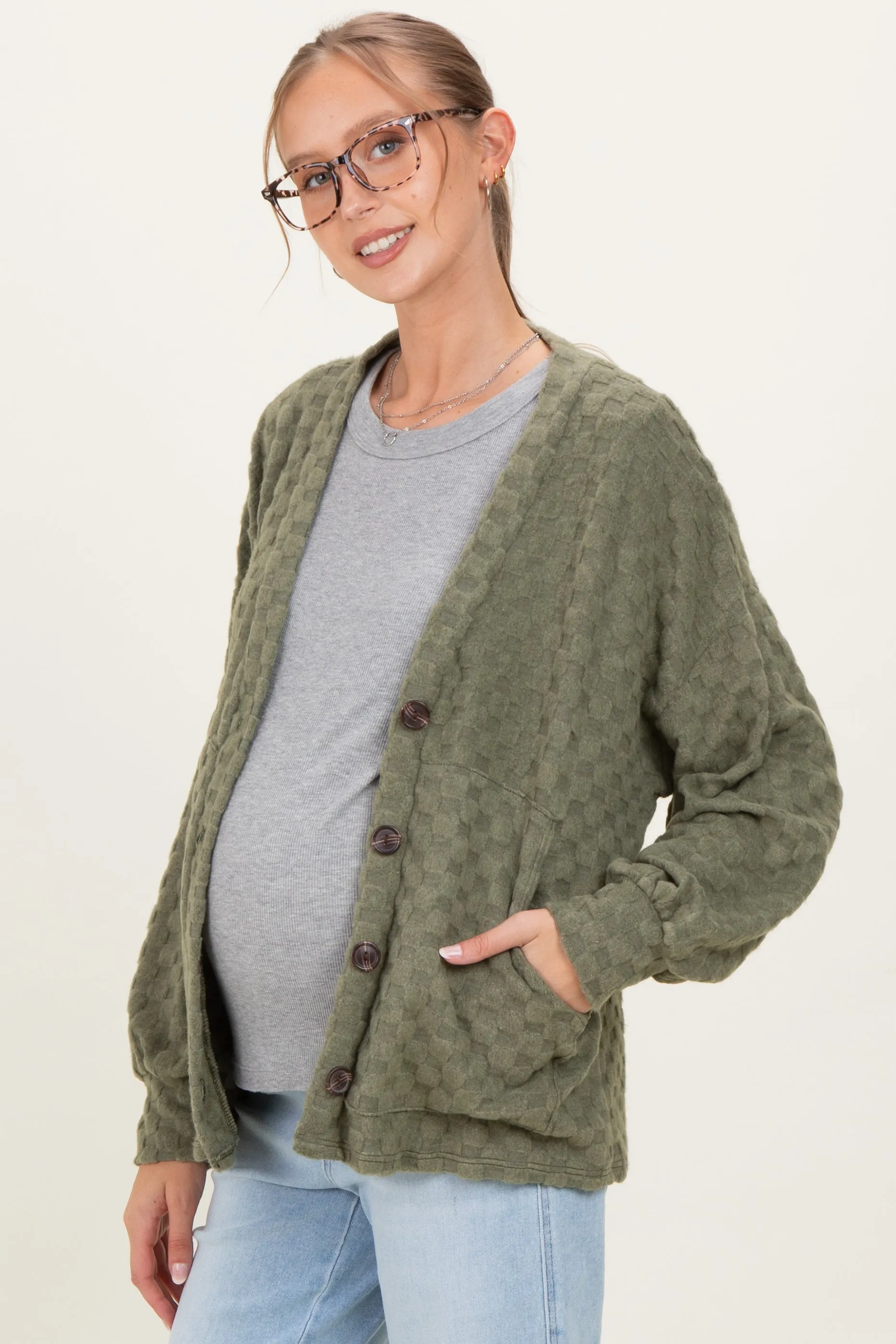 Olive Checkered Knit Button Front Maternity Cardigan sold by Pinkblush product image thumbnail 3