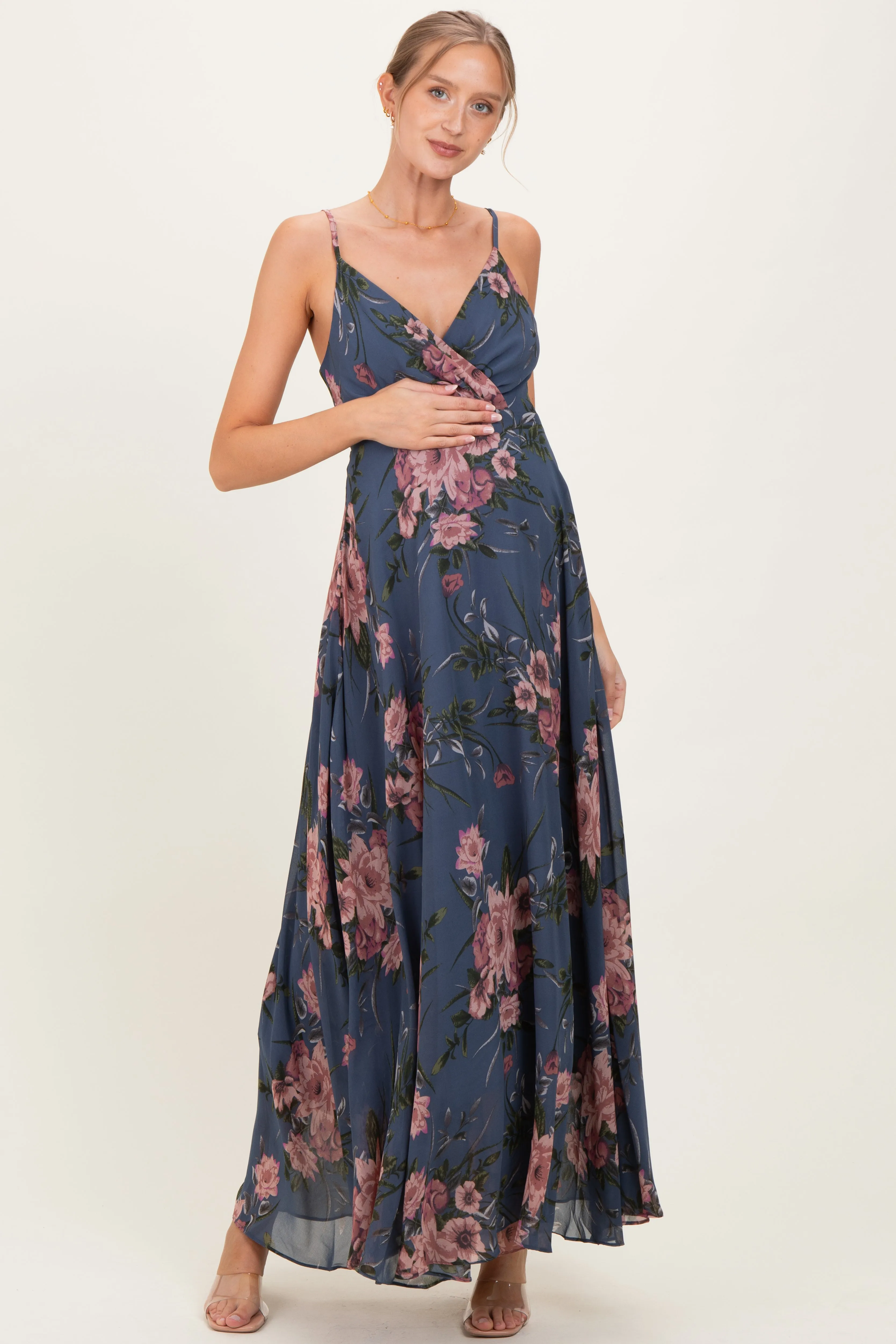Dusty Blue Floral V-Neck Sleeveless Maternity Maxi Dress sold by Pinkblush
