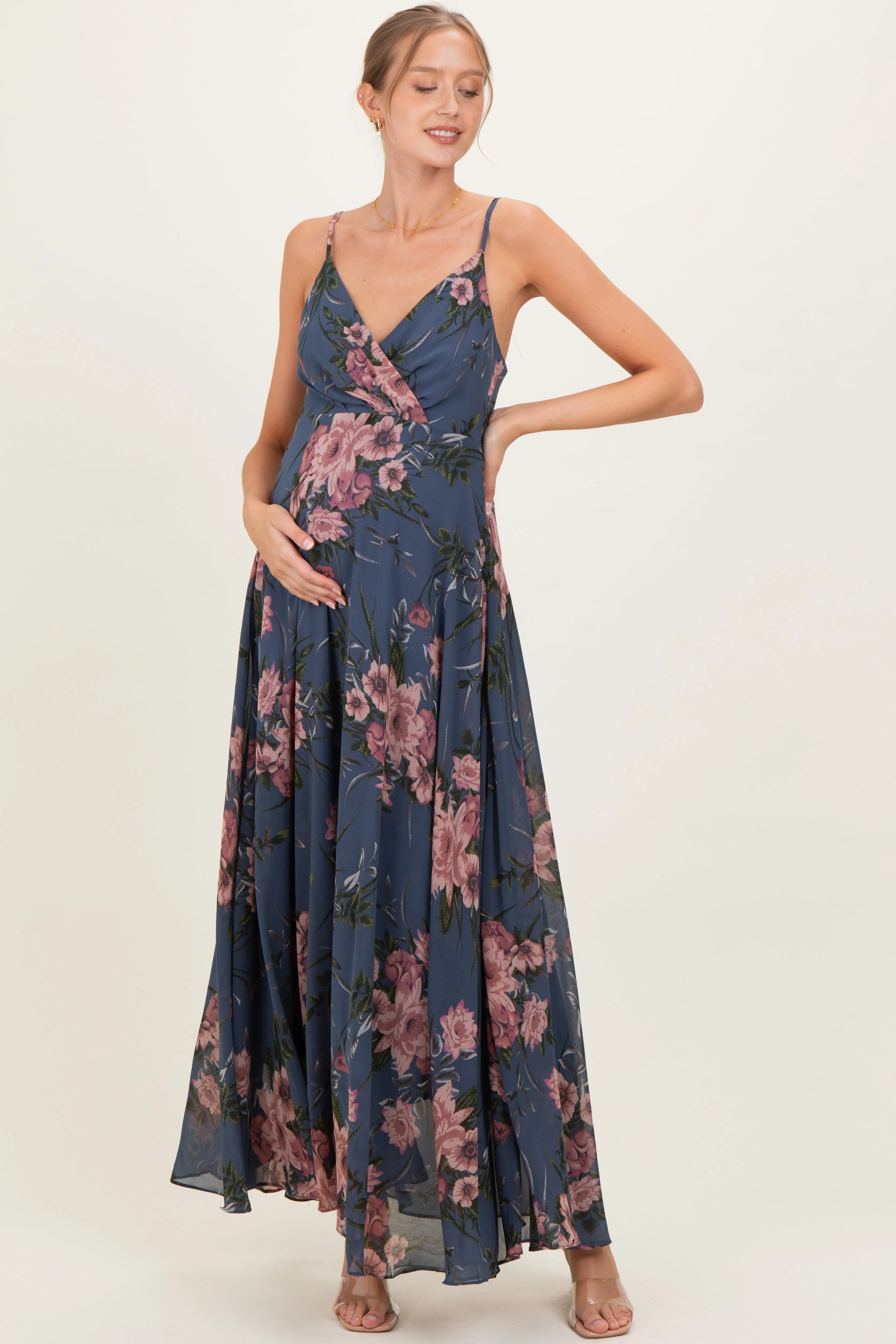 Dusty Blue Floral V-Neck Sleeveless Maternity Maxi Dress sold by Pinkblush product image thumbnail 2