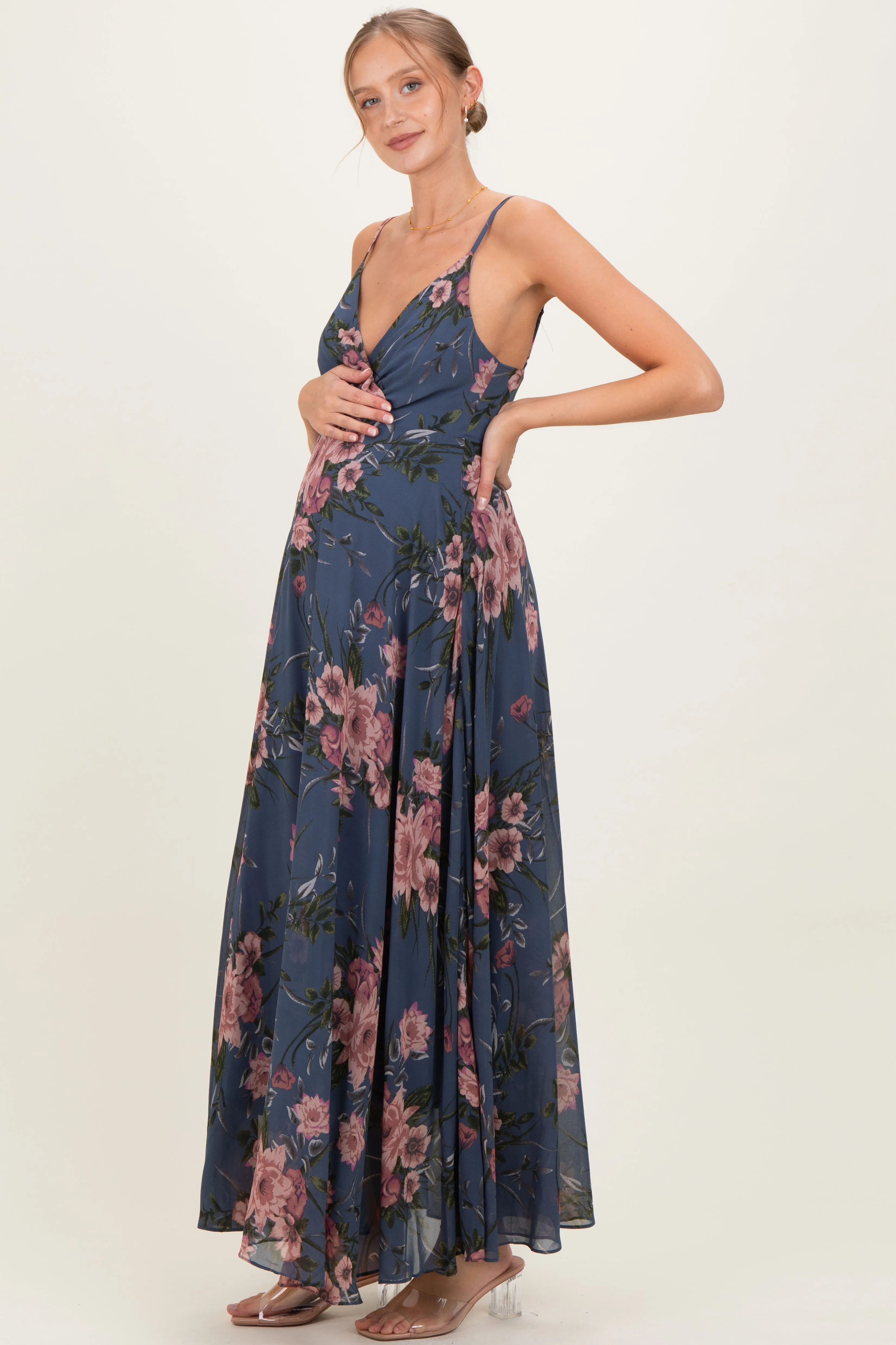 Dusty Blue Floral V-Neck Sleeveless Maternity Maxi Dress sold by Pinkblush product image thumbnail 3