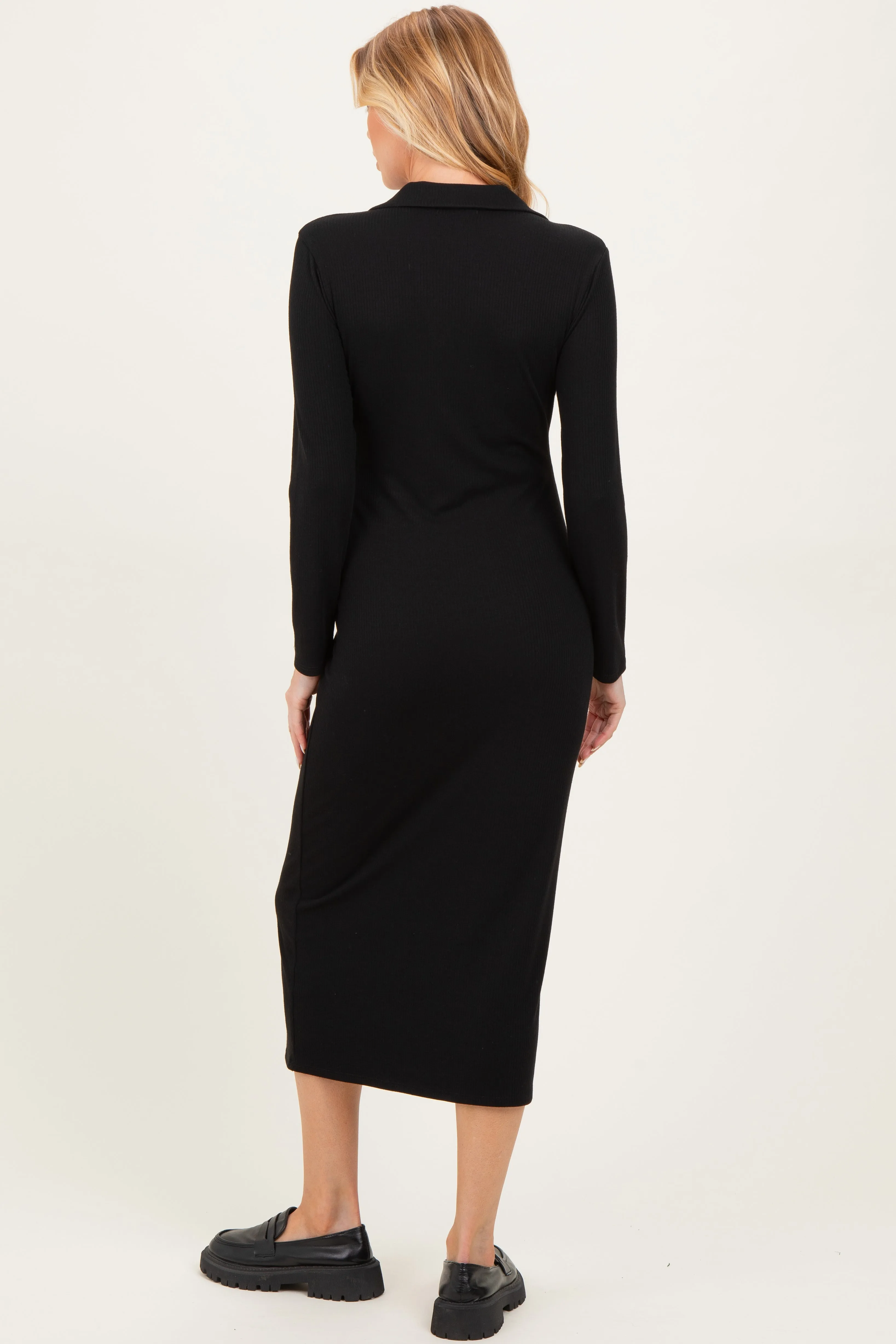 Black Ribbed Collared Long Sleeve Maternity Midi Dress sold by Pinkblush product image thumbnail 3