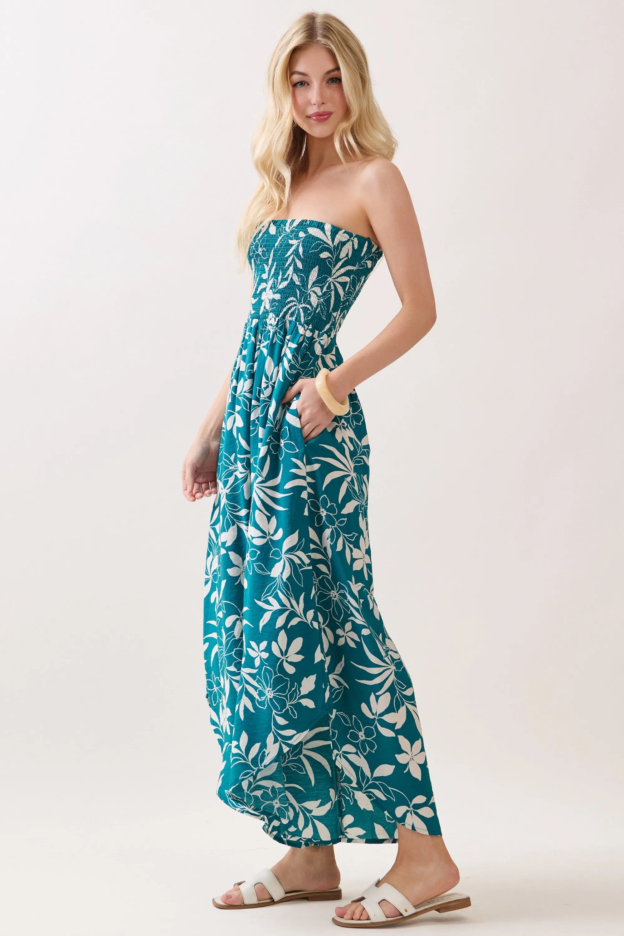 Teal Floral Strapless Smocked Tulip Leg Jumpsuit sold by Pinkblush product image thumbnail 3