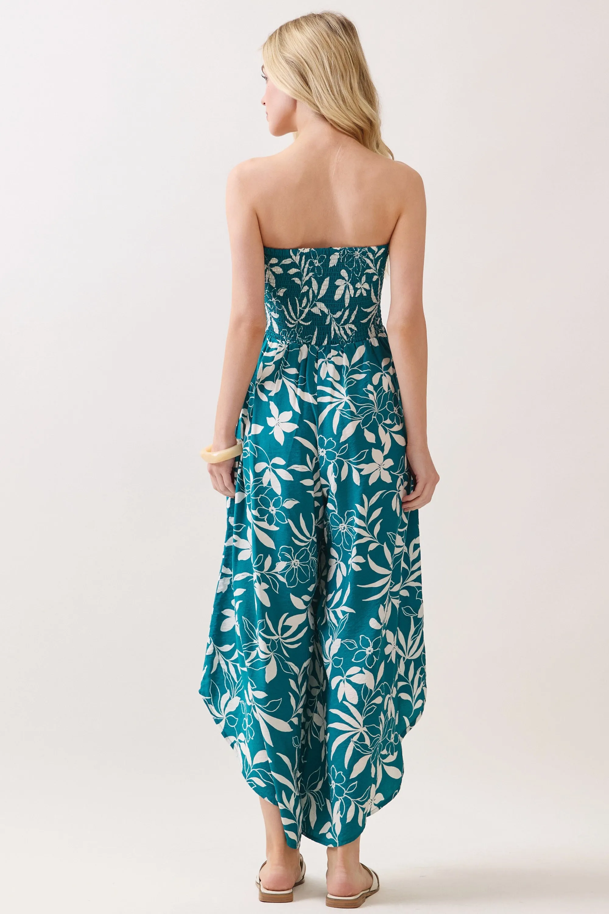 Teal Floral Strapless Smocked Tulip Leg Jumpsuit sold by Pinkblush product image thumbnail 4