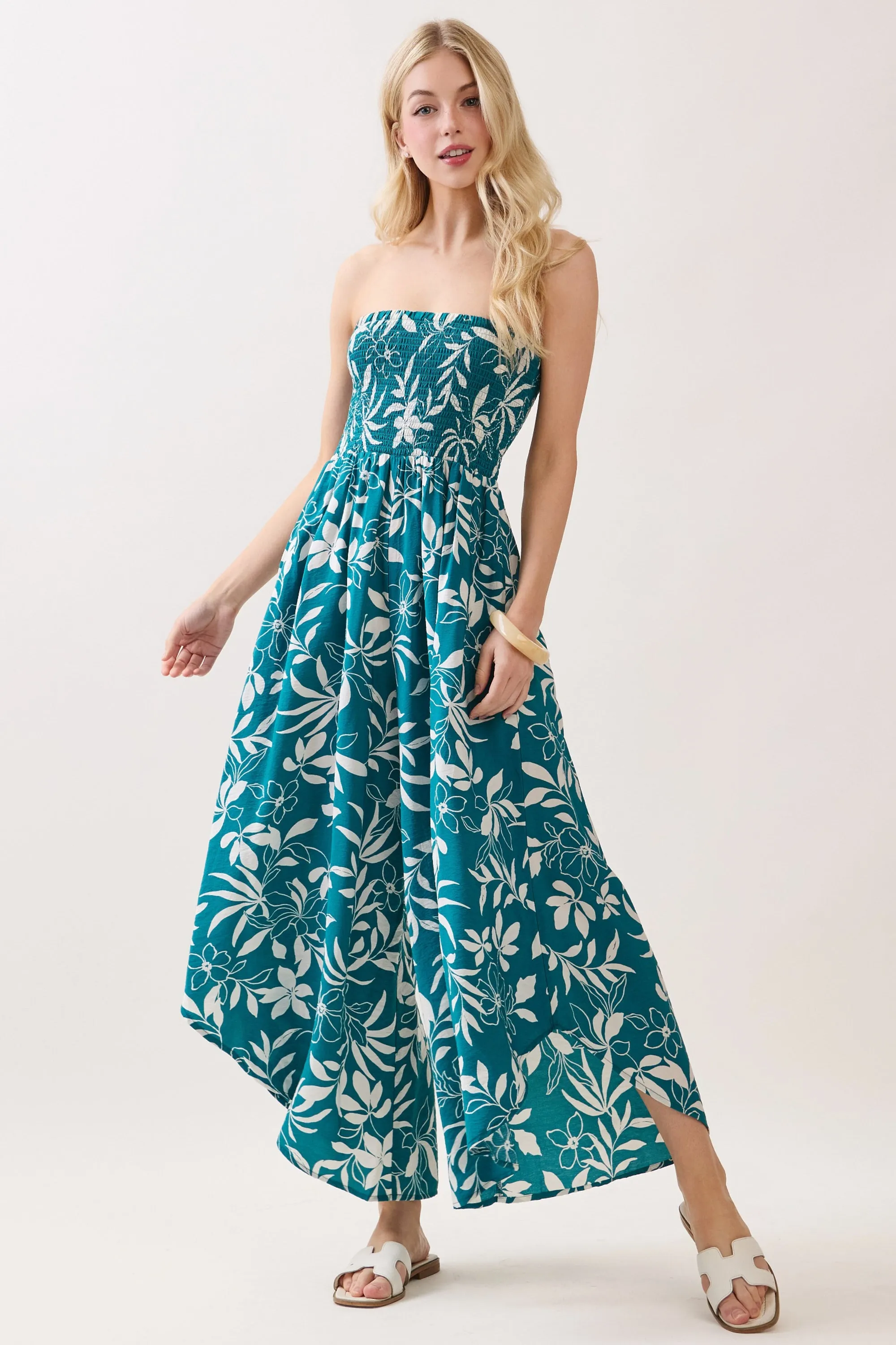 Teal Floral Strapless Smocked Tulip Leg Jumpsuit sold by Pinkblush