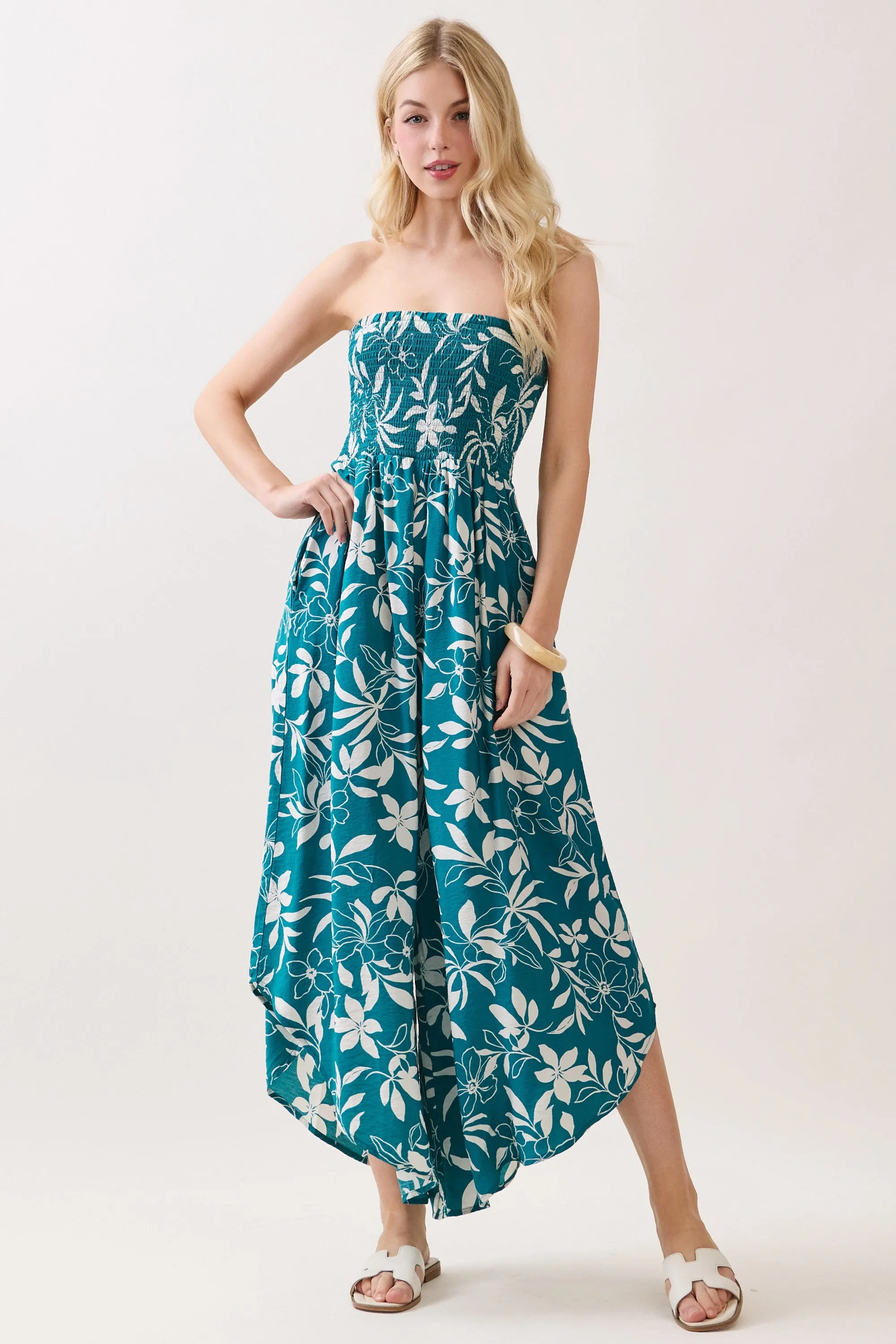 Teal Floral Strapless Smocked Tulip Leg Jumpsuit sold by Pinkblush product image thumbnail 2