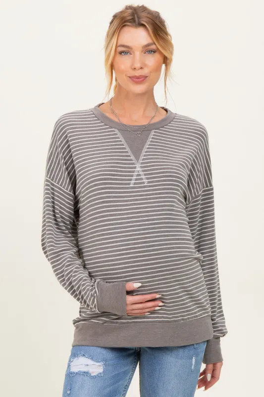 Taupe Striped Crew Neck Pullover Maternity Top sold by Pinkblush