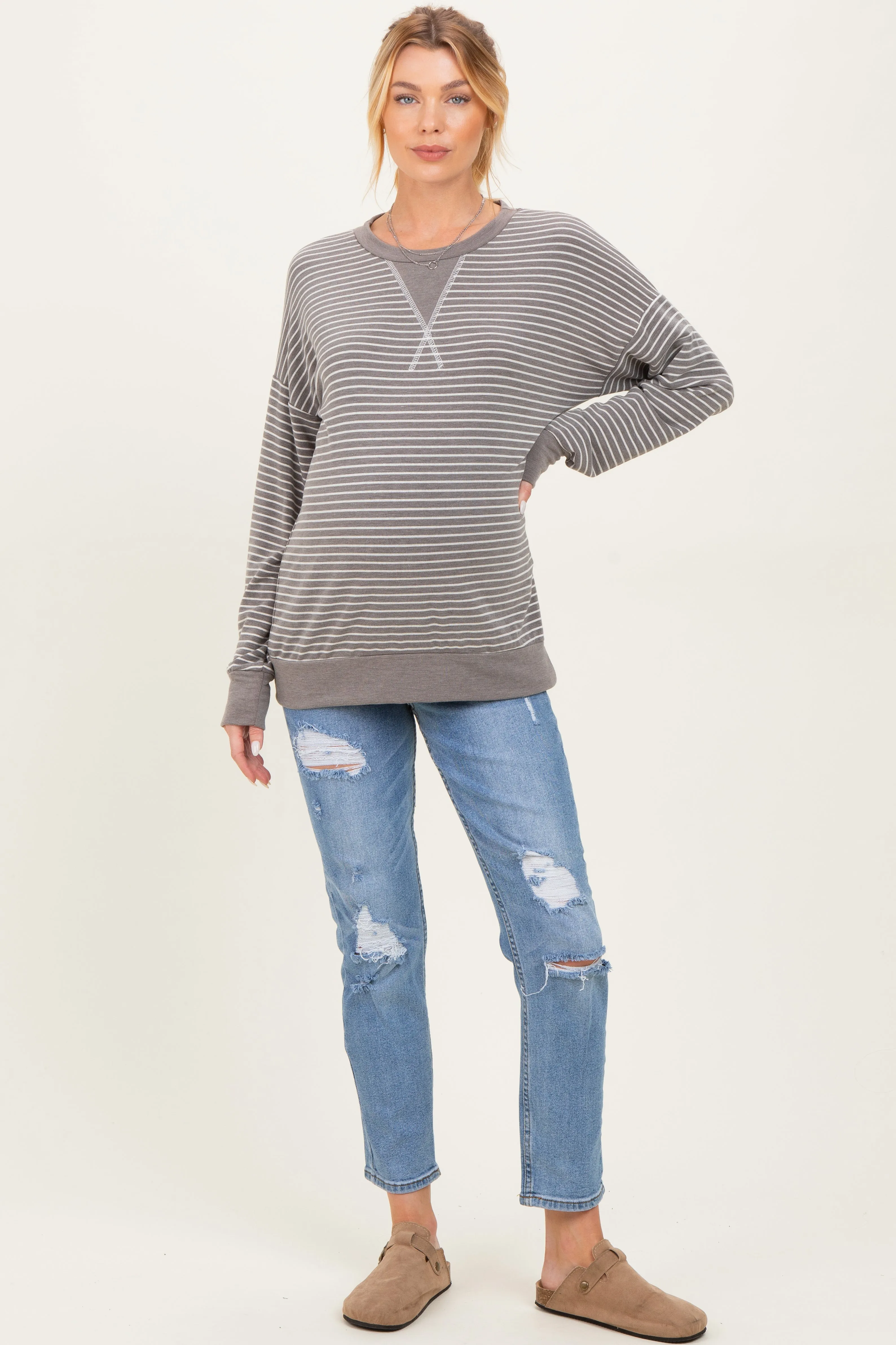 Taupe Striped Crew Neck Pullover Maternity Top sold by Pinkblush product image thumbnail 2