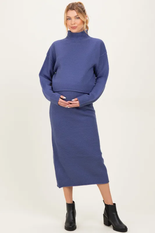 Dusty Navy Waffle Knit High Neck Sweater Skirt Maternity Set sold by Pinkblush