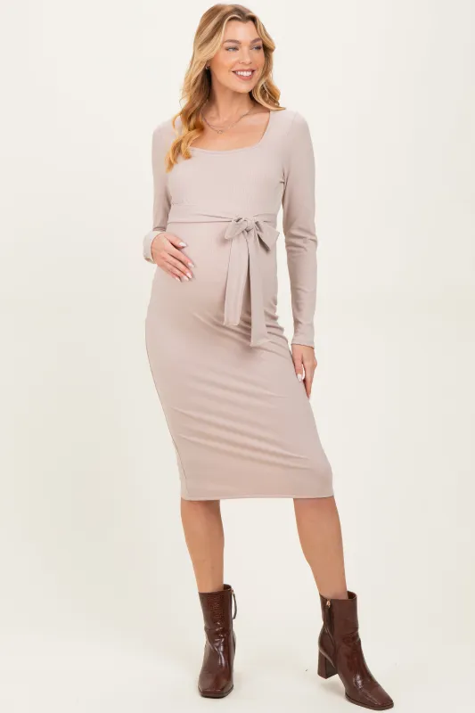 Beige Ribbed Long Sleeve Square Neck Tie Belt Maternity Midi Dress sold by Pinkblush