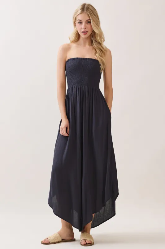 Navy Smocked Strapless Tulip Leg Jumpsuit sold by Pinkblush