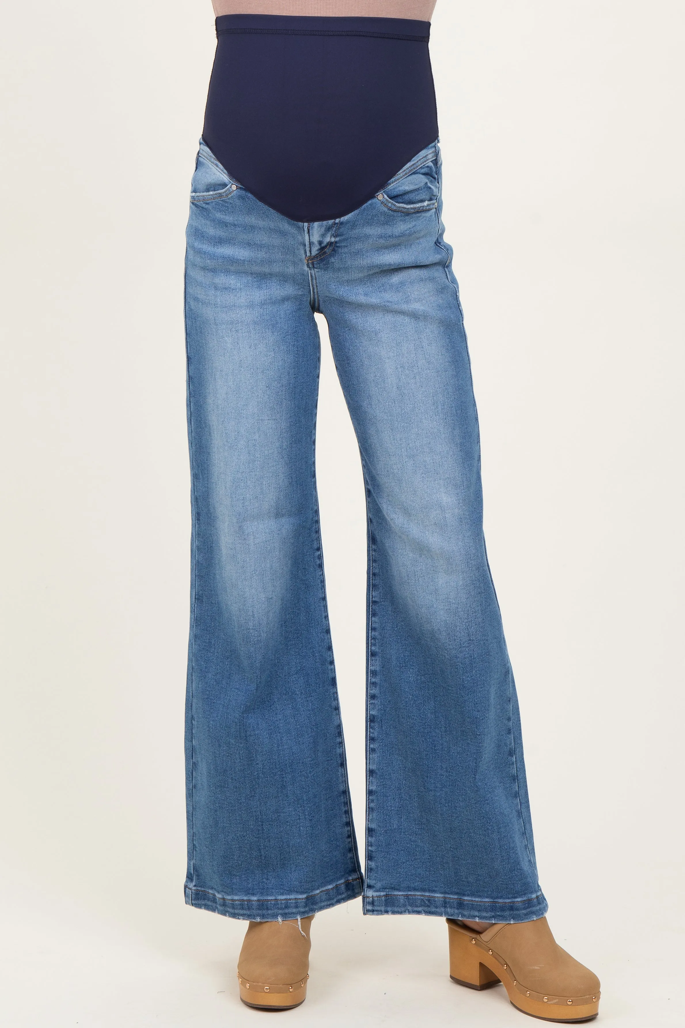Blue Medium Wash Heart Pocket Wide Leg Maternity Jeans sold by Pinkblush
