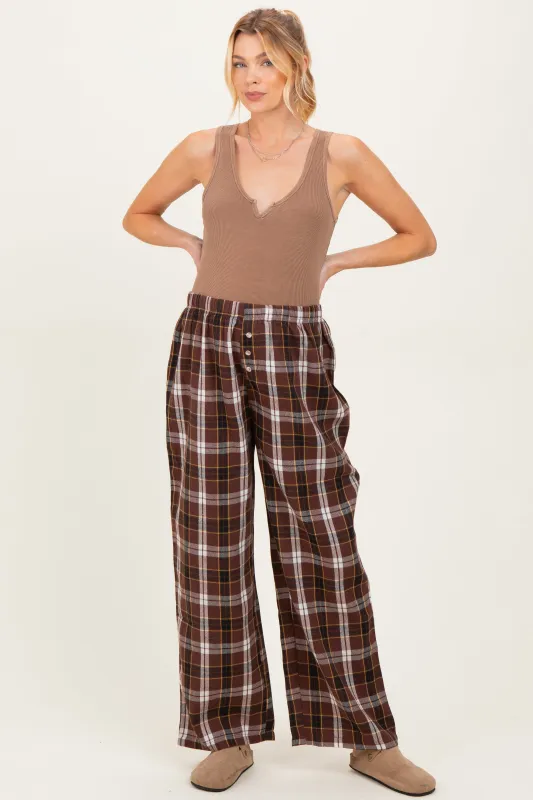 Brown Plaid Wide Leg Maternity Lounge Pants sold by Pinkblush