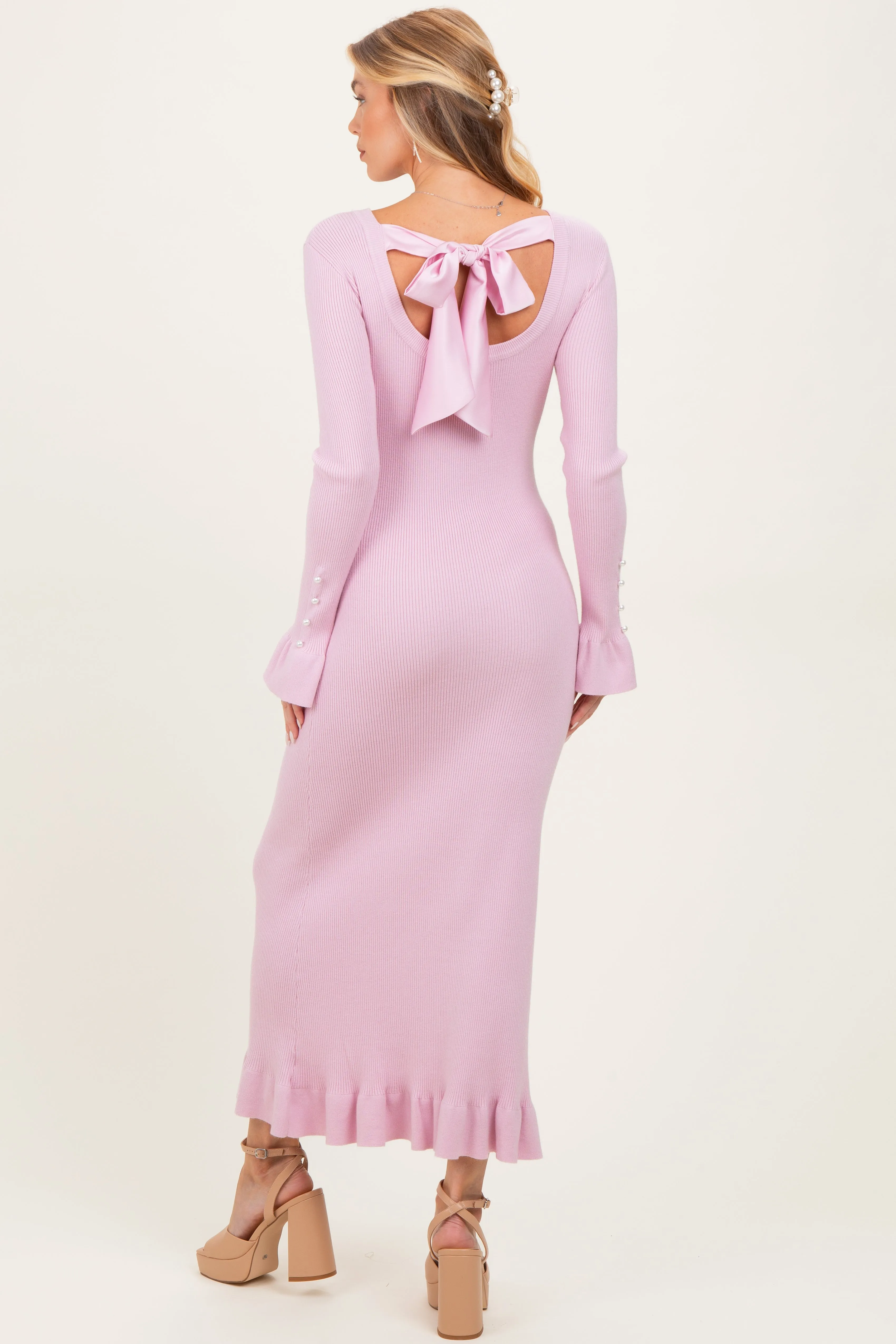 Light Pink Ribbed Knit Bow Back Maternity Maxi Dress sold by Pinkblush product image thumbnail 3