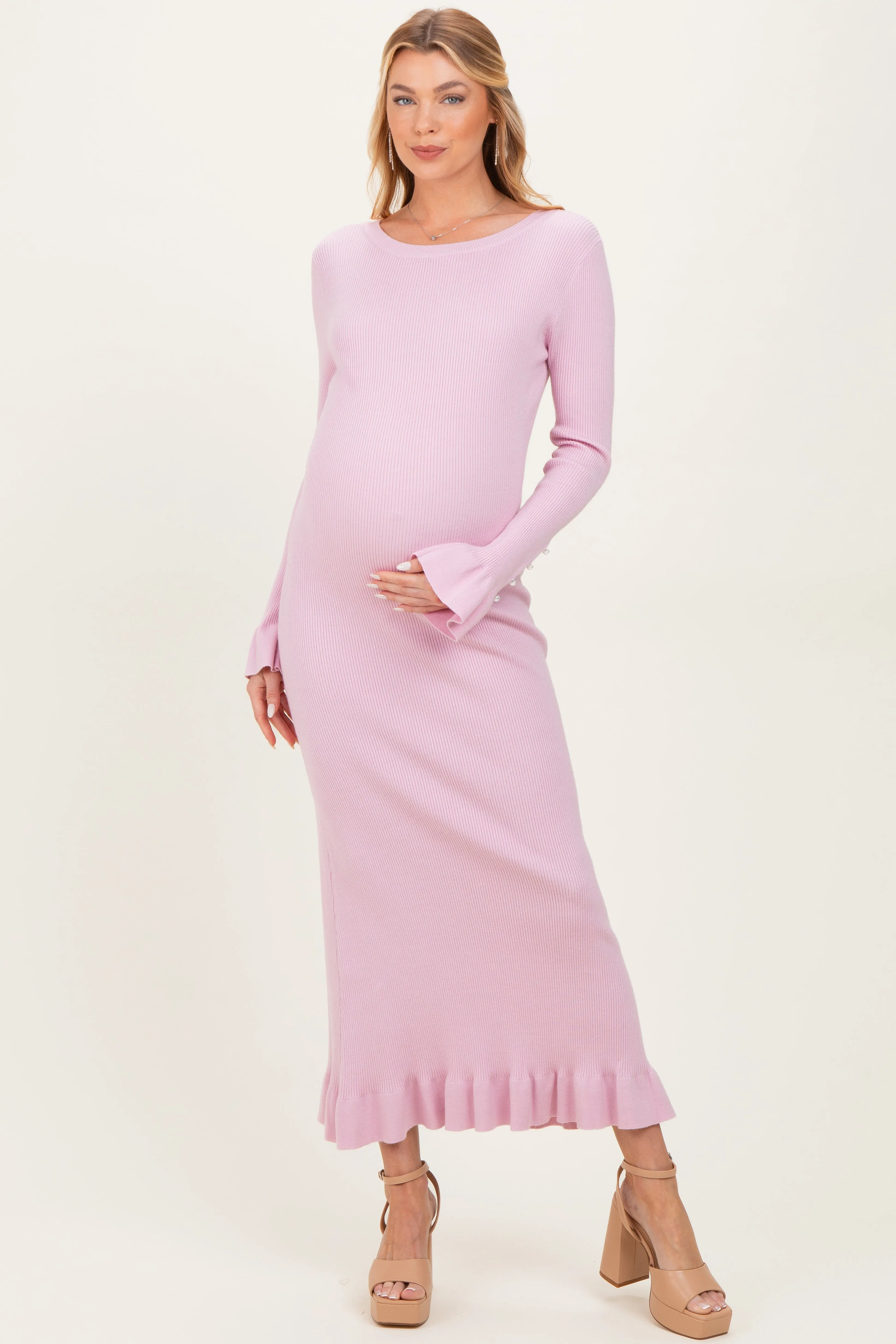Light Pink Ribbed Knit Bow Back Maternity Maxi Dress sold by Pinkblush