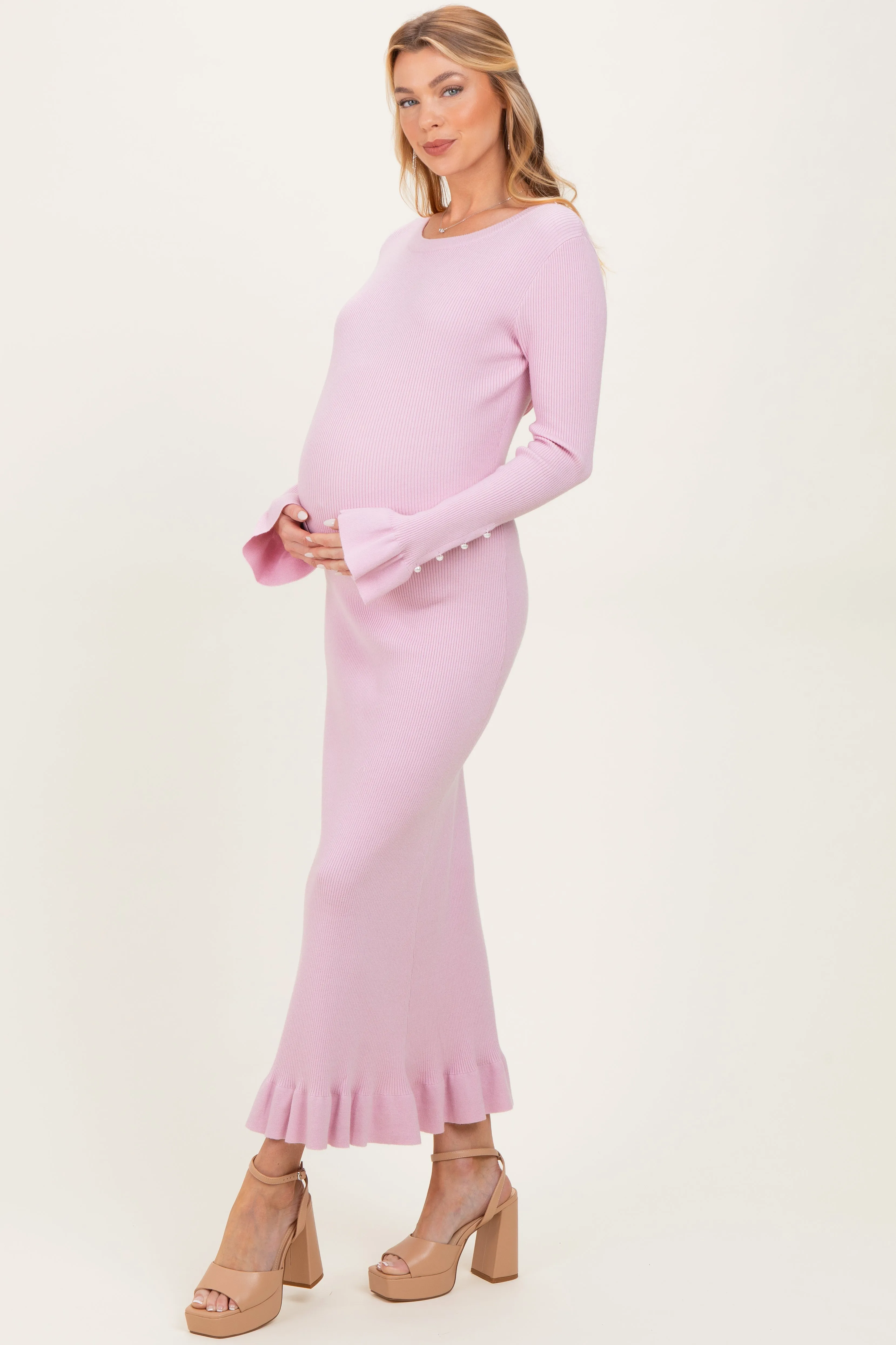 Light Pink Ribbed Knit Bow Back Maternity Maxi Dress sold by Pinkblush product image thumbnail 2