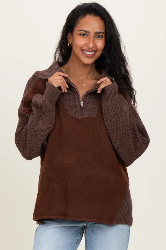 Brown Colorblock Half Zip Maternity Pullover Sweater sold by Pinkblush