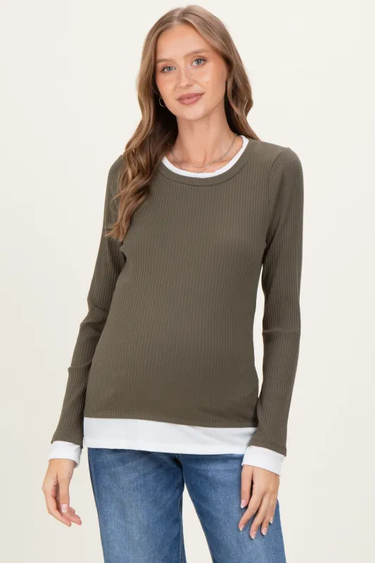 Olive Ribbed Long Sleeve Double Layer Maternity Top sold by Pinkblush