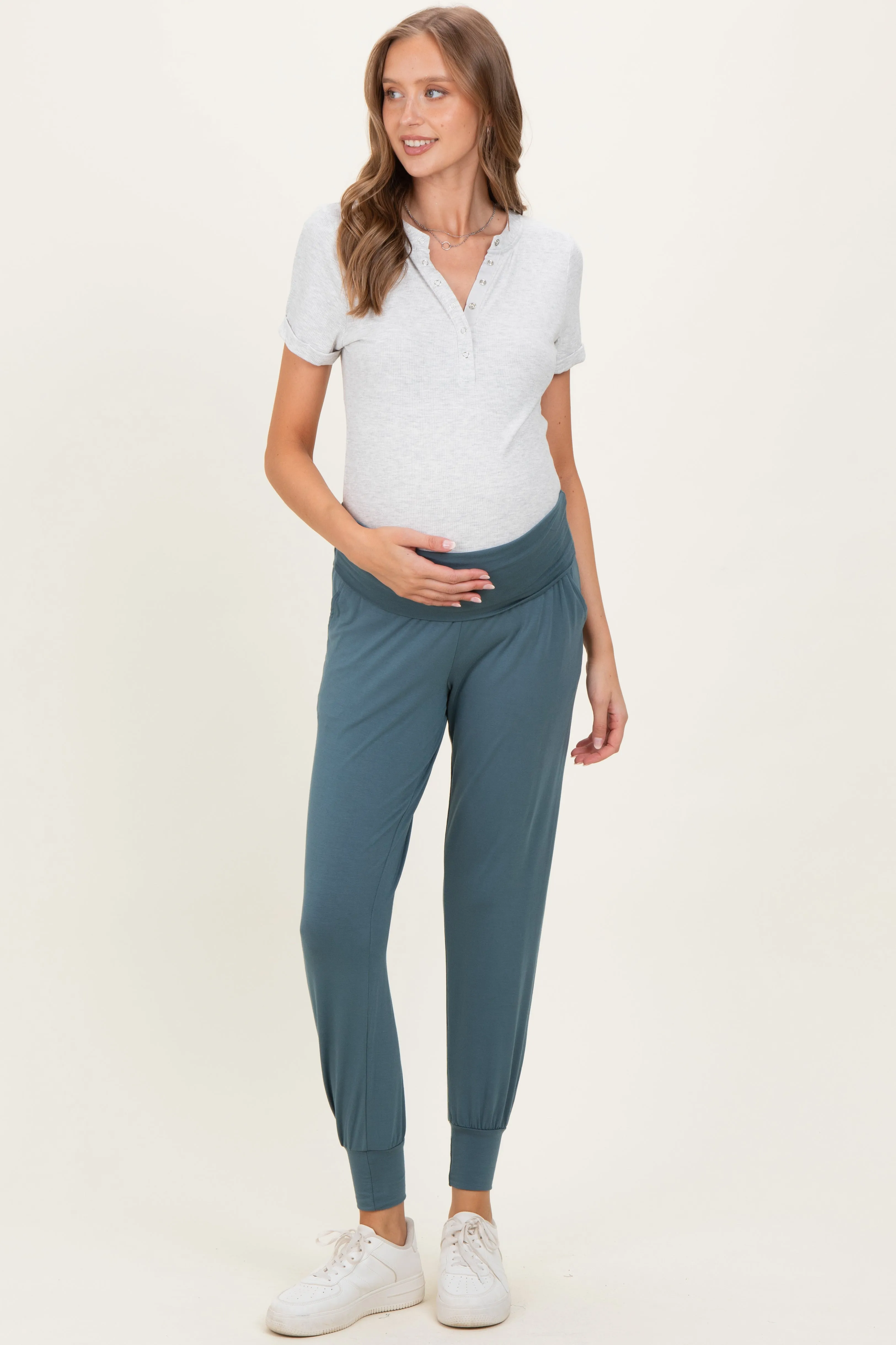 Teal Blue Maternity Band Jogger Pants sold by Pinkblush