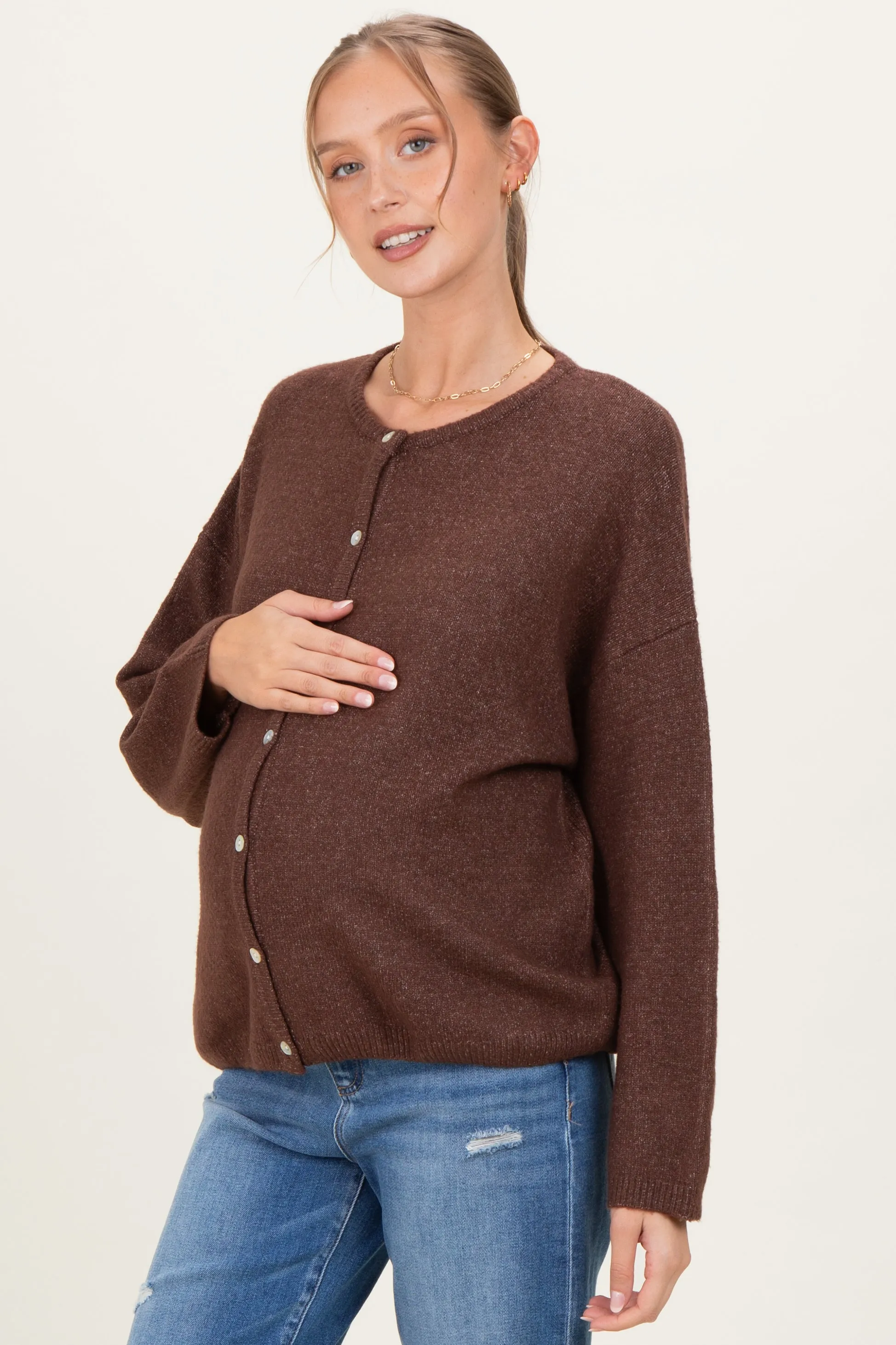 Brown Classic Crew Neck Maternity Button Cardigan sold by Pinkblush product image thumbnail 3