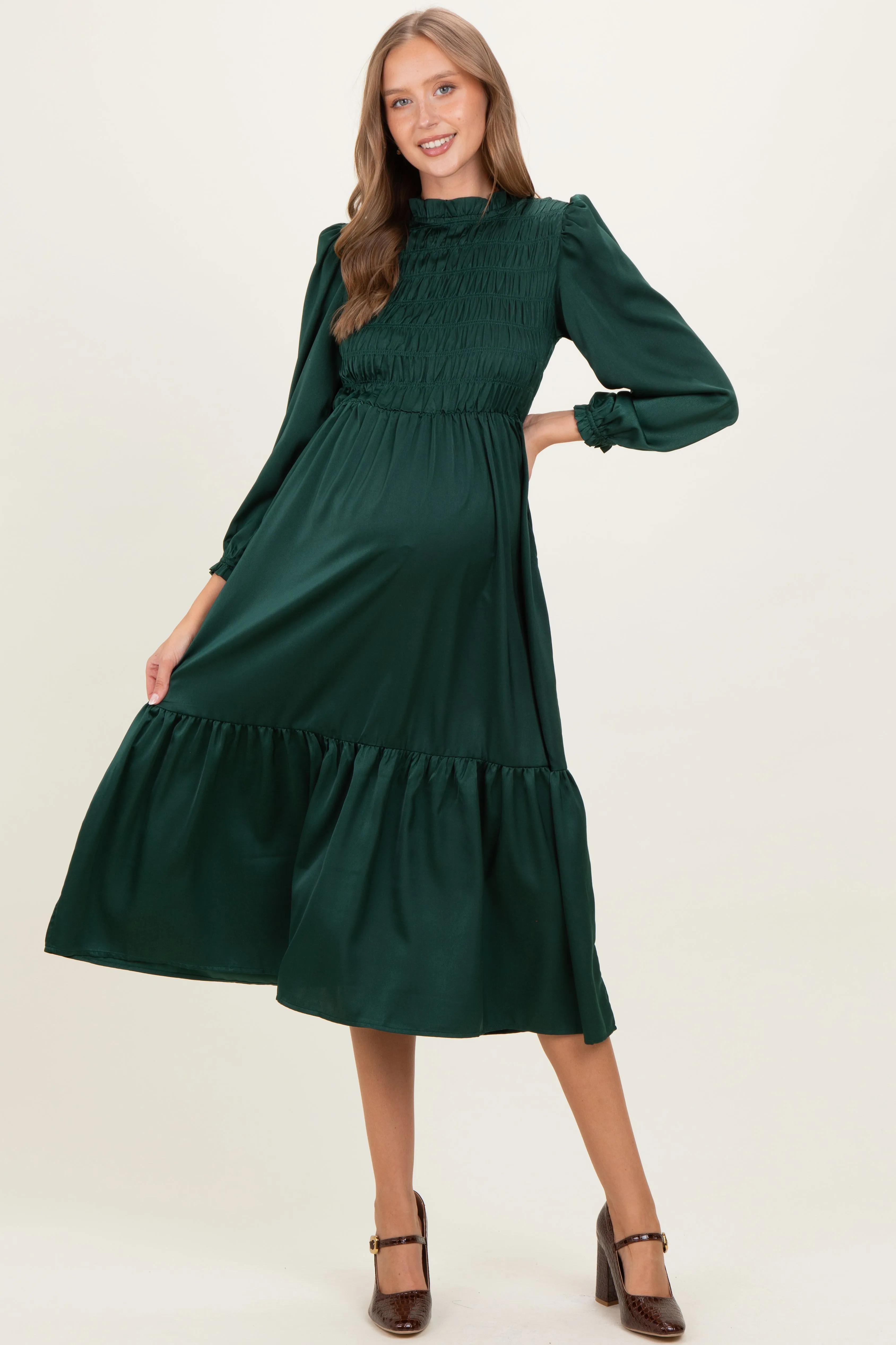 Forest Green Mock Neck Satin Smocked Chest Maternity Dress sold by Pinkblush product image thumbnail 2