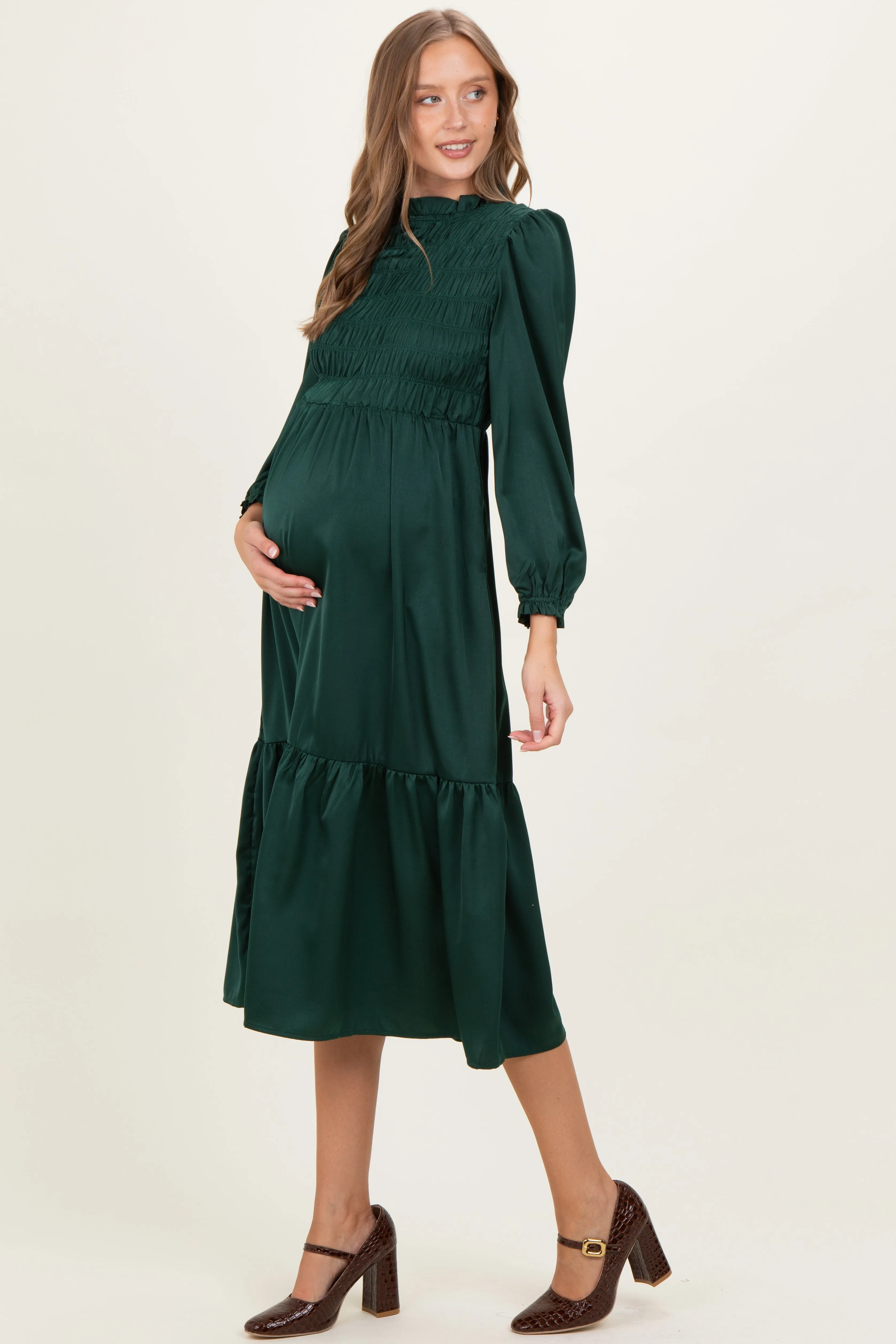 Forest Green Mock Neck Satin Smocked Chest Maternity Dress sold by Pinkblush product image thumbnail 3