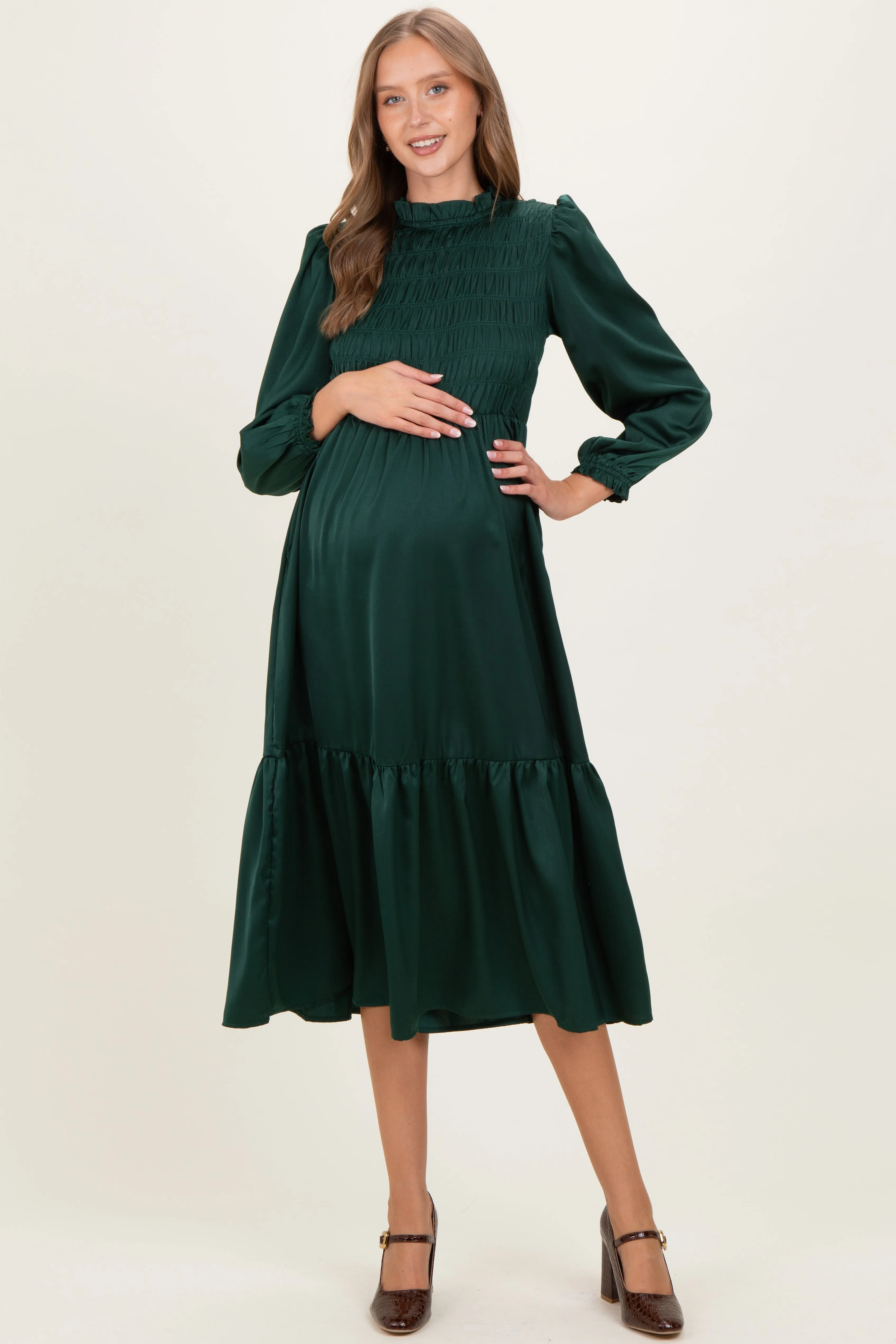 Forest Green Mock Neck Satin Smocked Chest Maternity Dress sold by Pinkblush