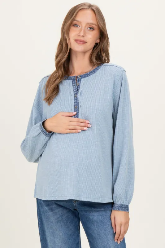 Light Blue Rib Knit Casual Maternity Henley Top sold by Pinkblush