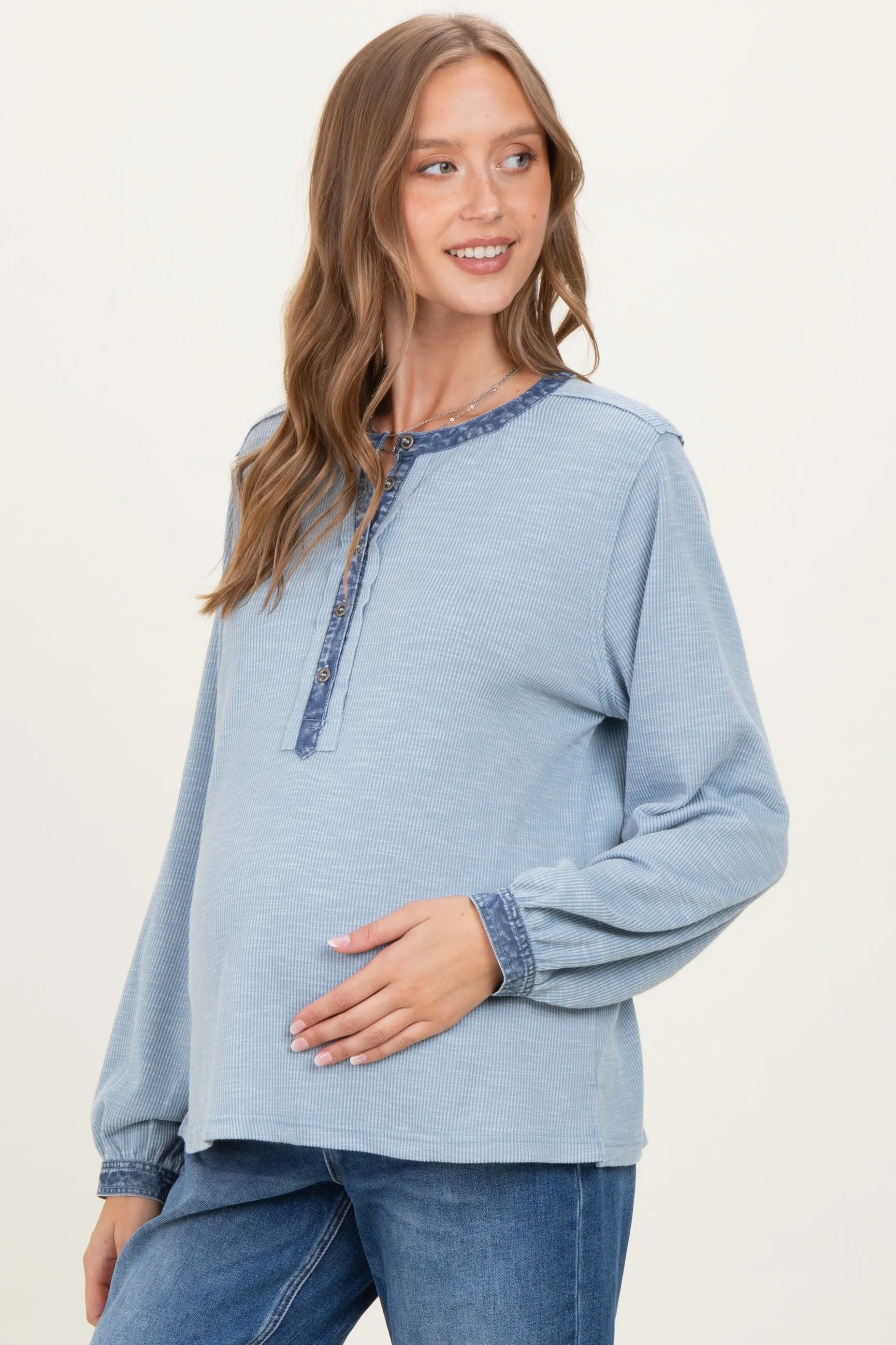 Light Blue Rib Knit Casual Maternity Henley Top sold by Pinkblush product image thumbnail 3