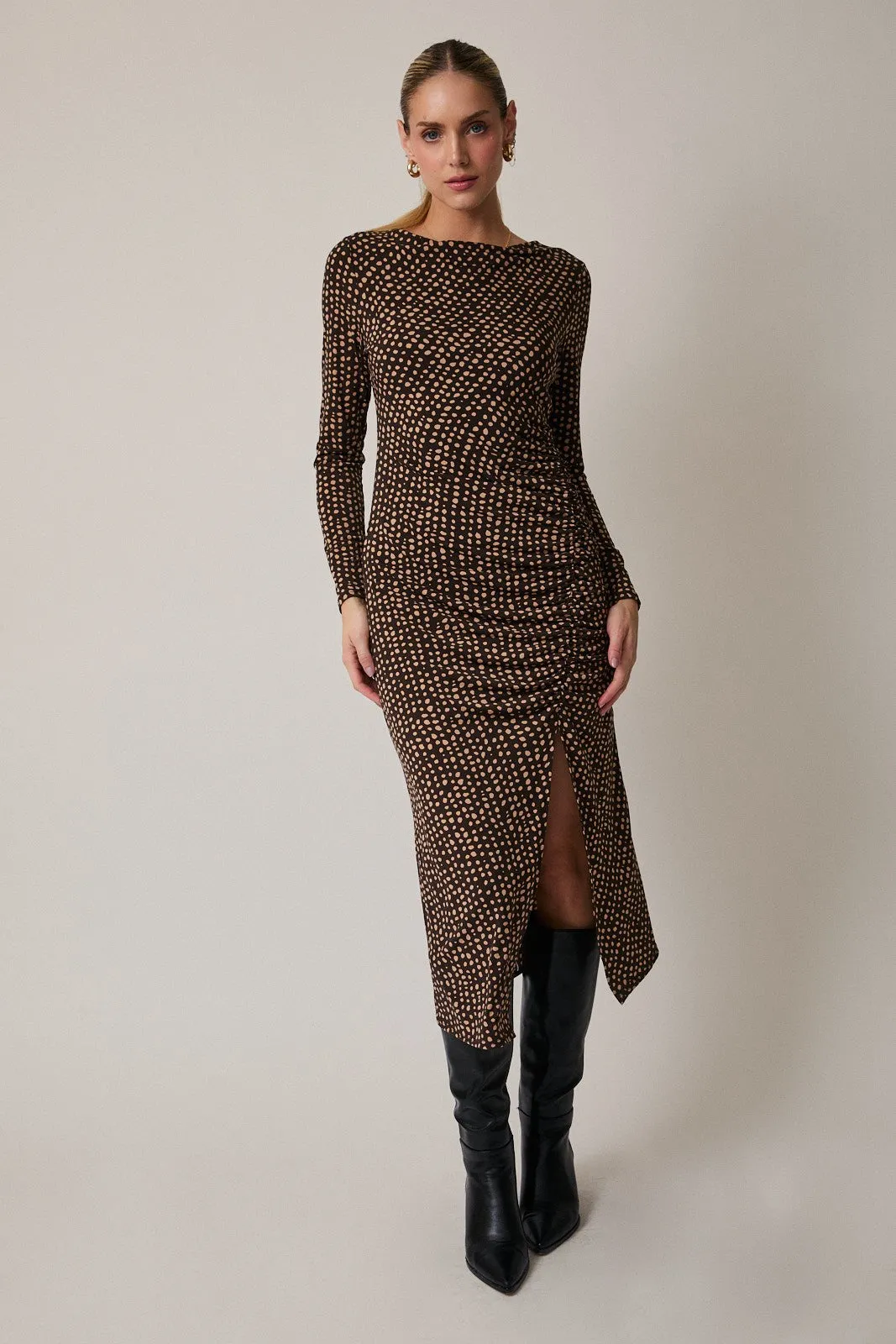 Brown Printed Ruched Side Slit Maternity Midi Dress sold by Pinkblush product image thumbnail 5
