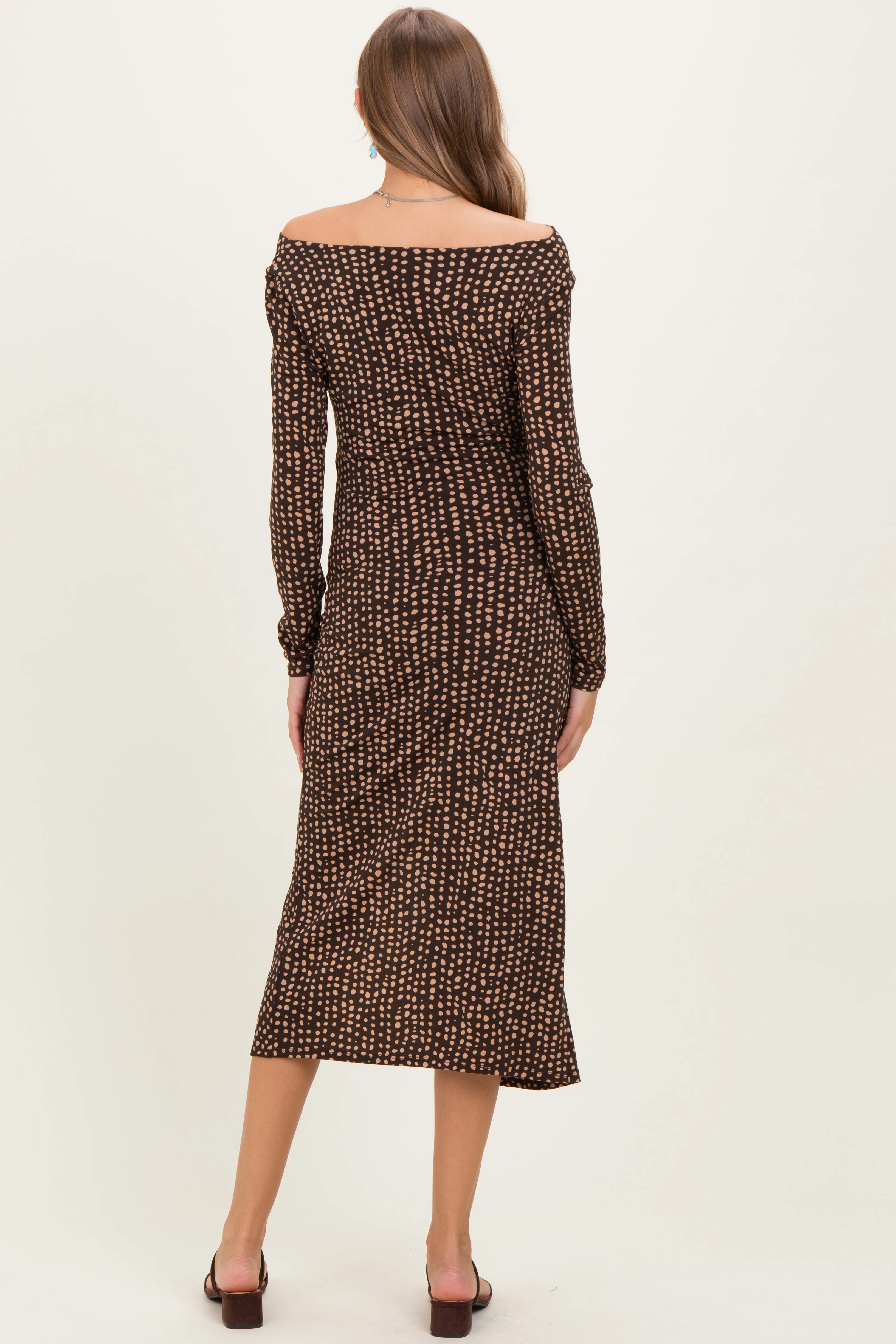 Brown Printed Ruched Side Slit Maternity Midi Dress sold by Pinkblush product image thumbnail 4