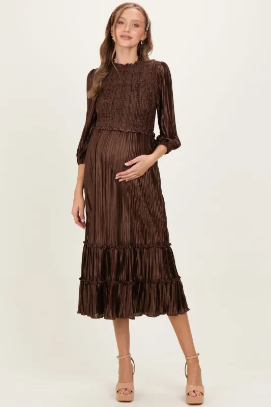 Brown Pleated Satin Smocked Bodice Maternity Midi Dress sold by Pinkblush