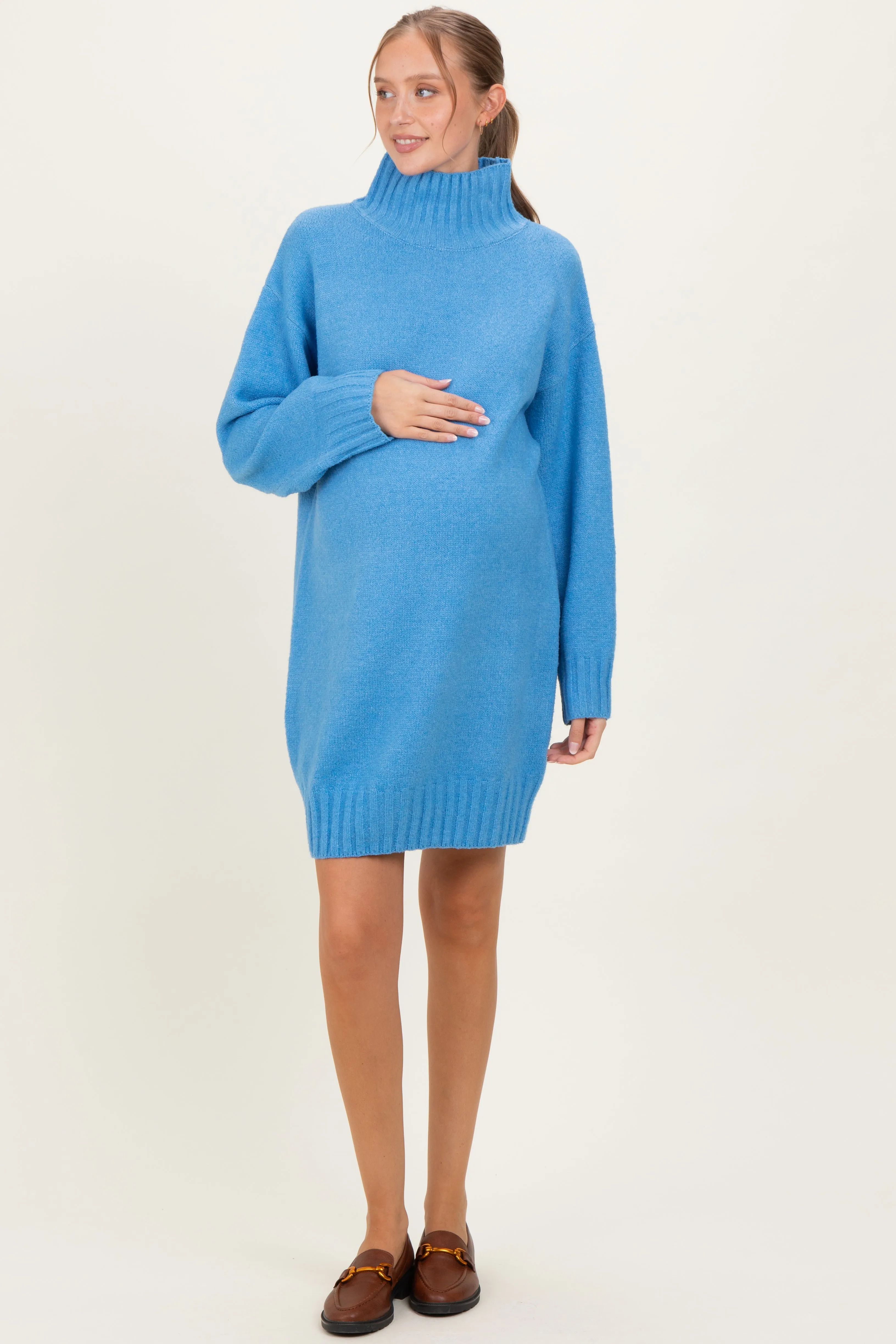 Blue Mock Neck Long Sleeve Maternity Sweater Dress sold by Pinkblush
