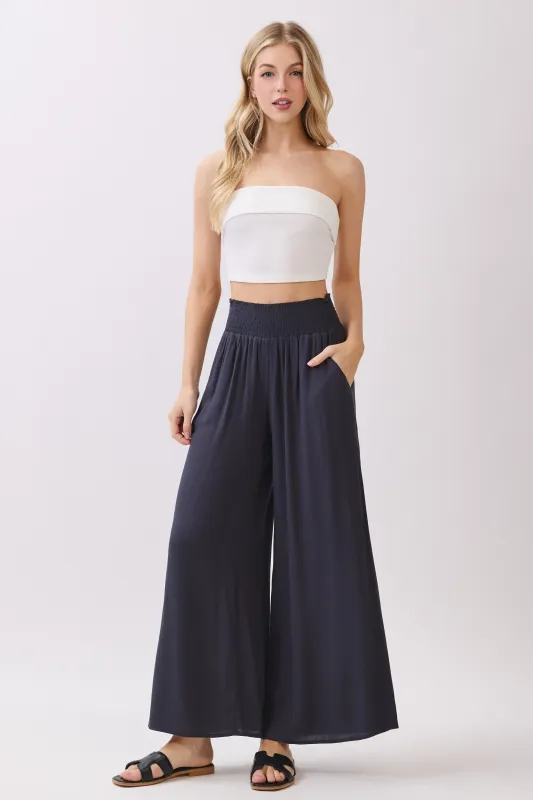 Navy Smocked Waist Ankle Wide Leg Pants sold by Pinkblush