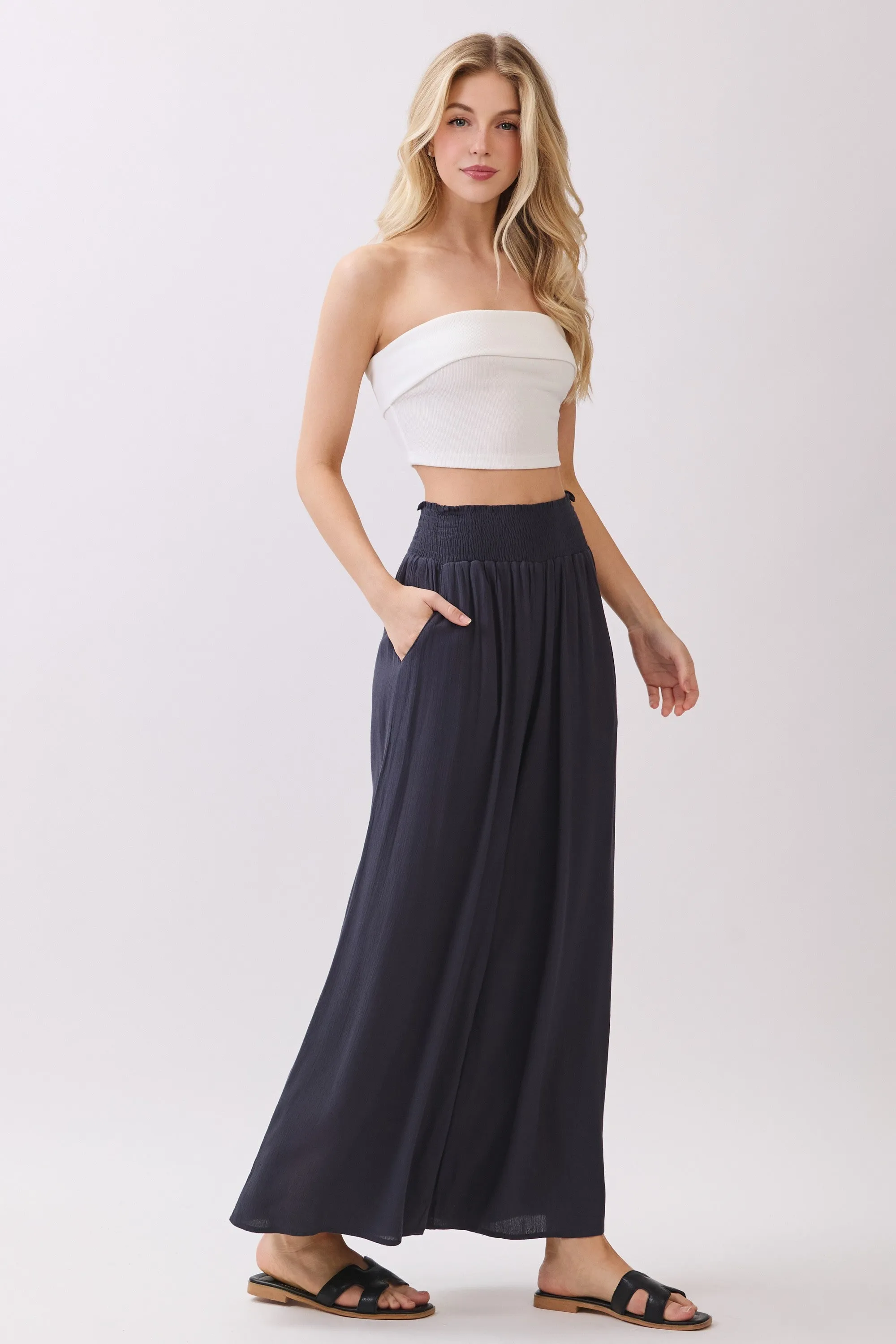 Navy Smocked Waist Ankle Wide Leg Pants sold by Pinkblush product image thumbnail 2