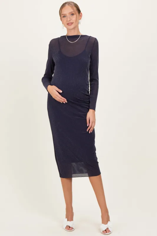 Navy Shimmer Mesh Long Sleeve Ruched Maternity Midi Dress sold by Pinkblush