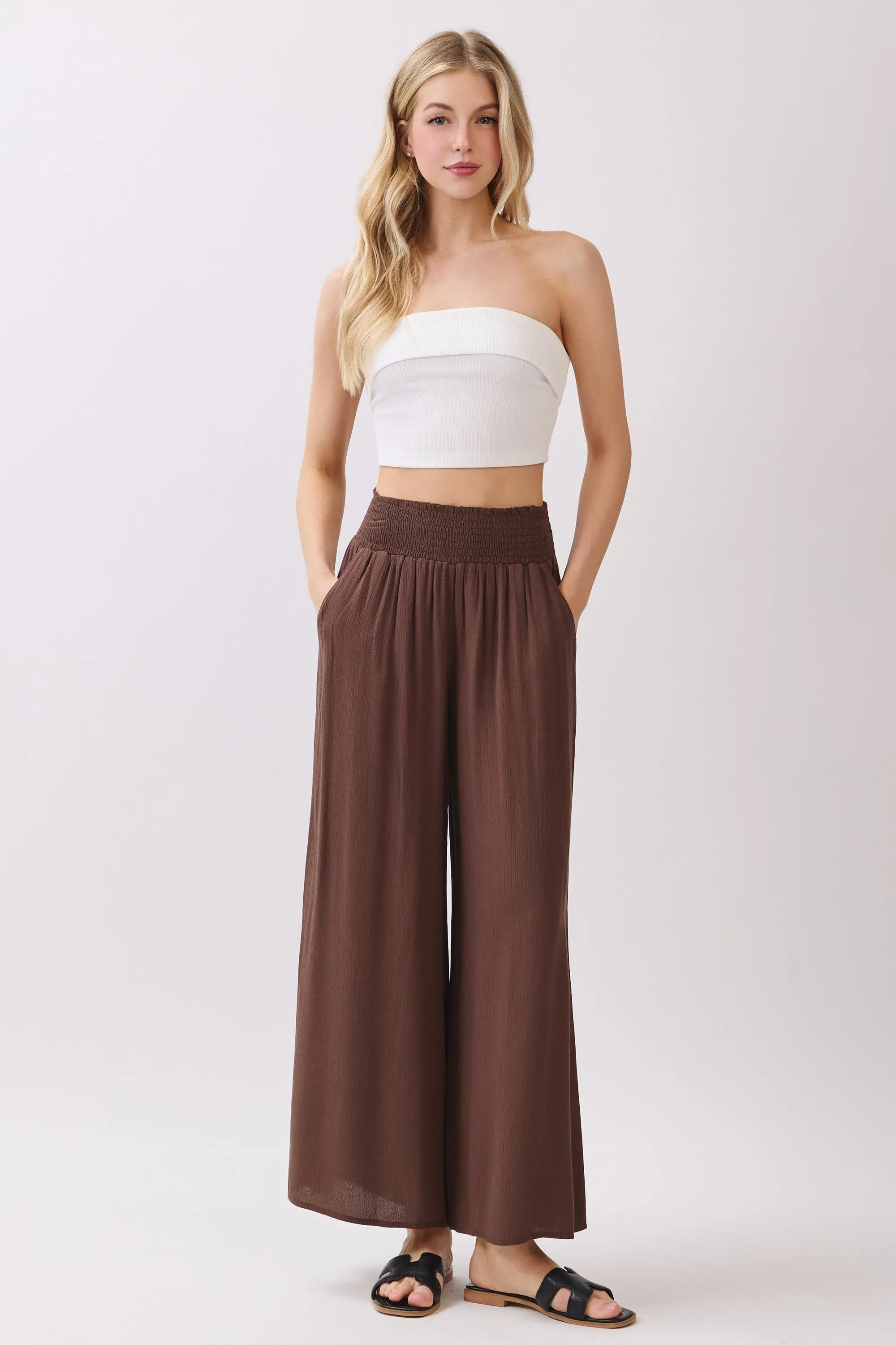 Chocolate Smocked Waist Ankle Wide Leg Pants sold by Pinkblush