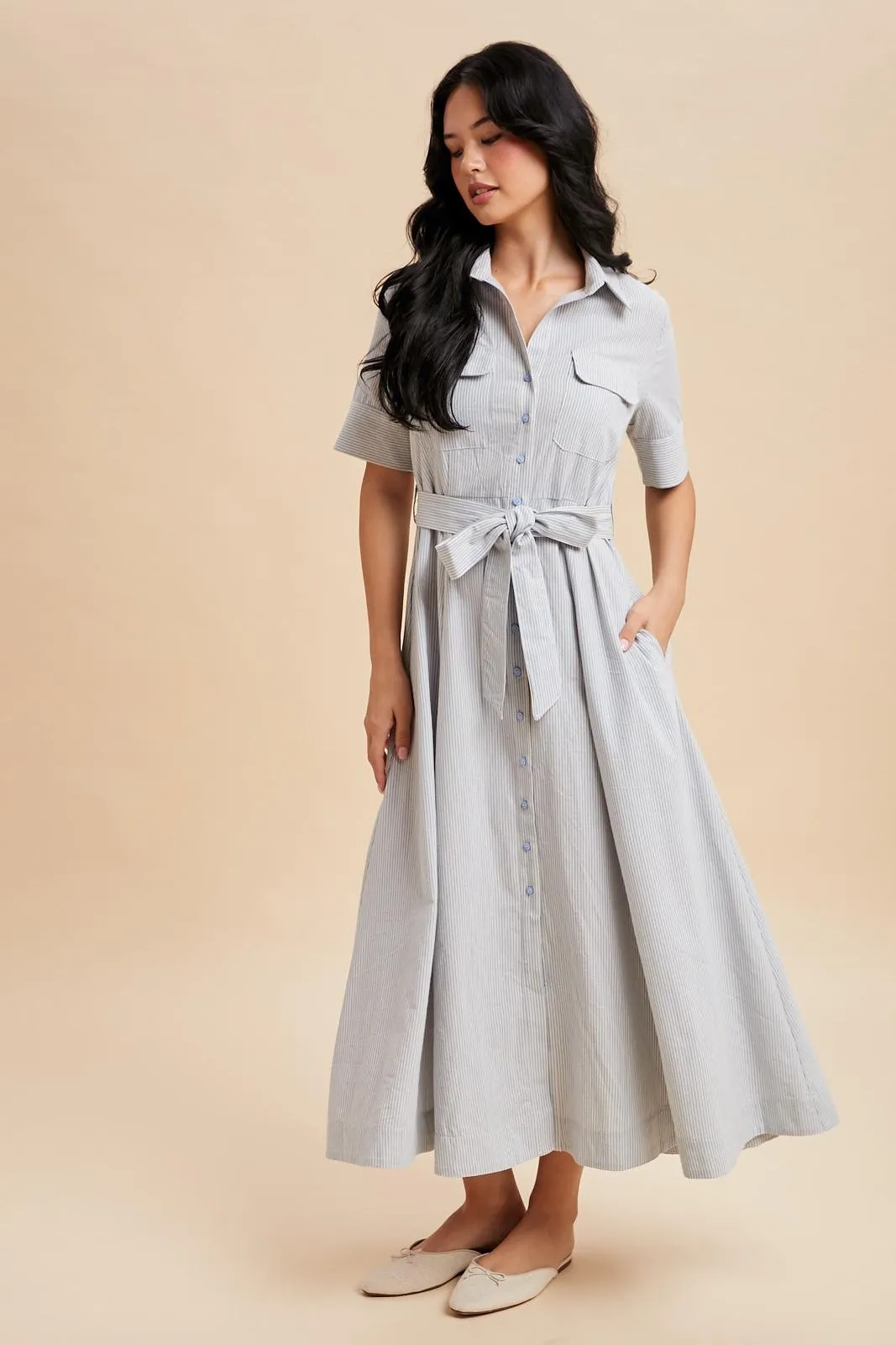 Light Blue Striped Cotton Button Down Maxi Dress sold by Pinkblush product image thumbnail 3