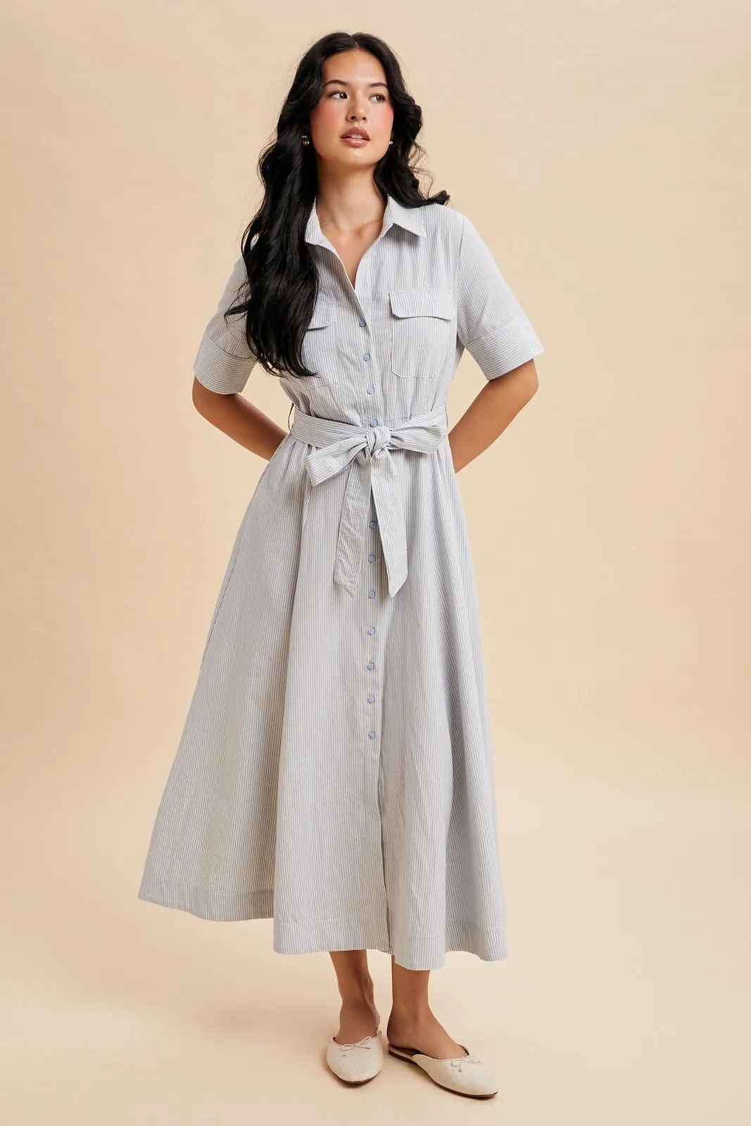 Light Blue Striped Cotton Button Down Maxi Dress sold by Pinkblush product image thumbnail 2